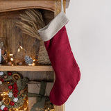 Burgundy Red linen Christmas stocking with natural linen cuff, heavyweight 260 g/m² European linen