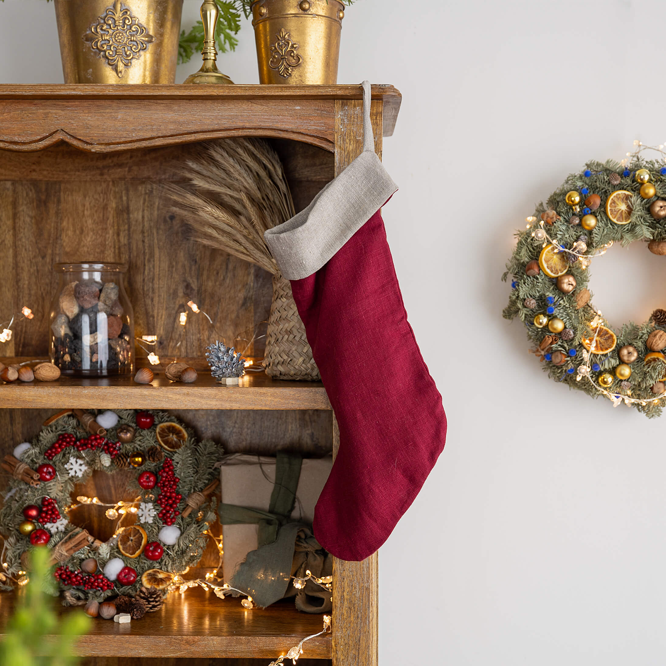 Burgundy Red linen Christmas stocking with natural linen cuff, heavyweight 260 g/m² European linen