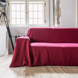 Burgundy red colour for your couch cover not only offers protection but also brings a timeless elegance to your home interior. Linen, known for its strength, is an excellent material choice for safeguarding your sofa against regular wear and tear.