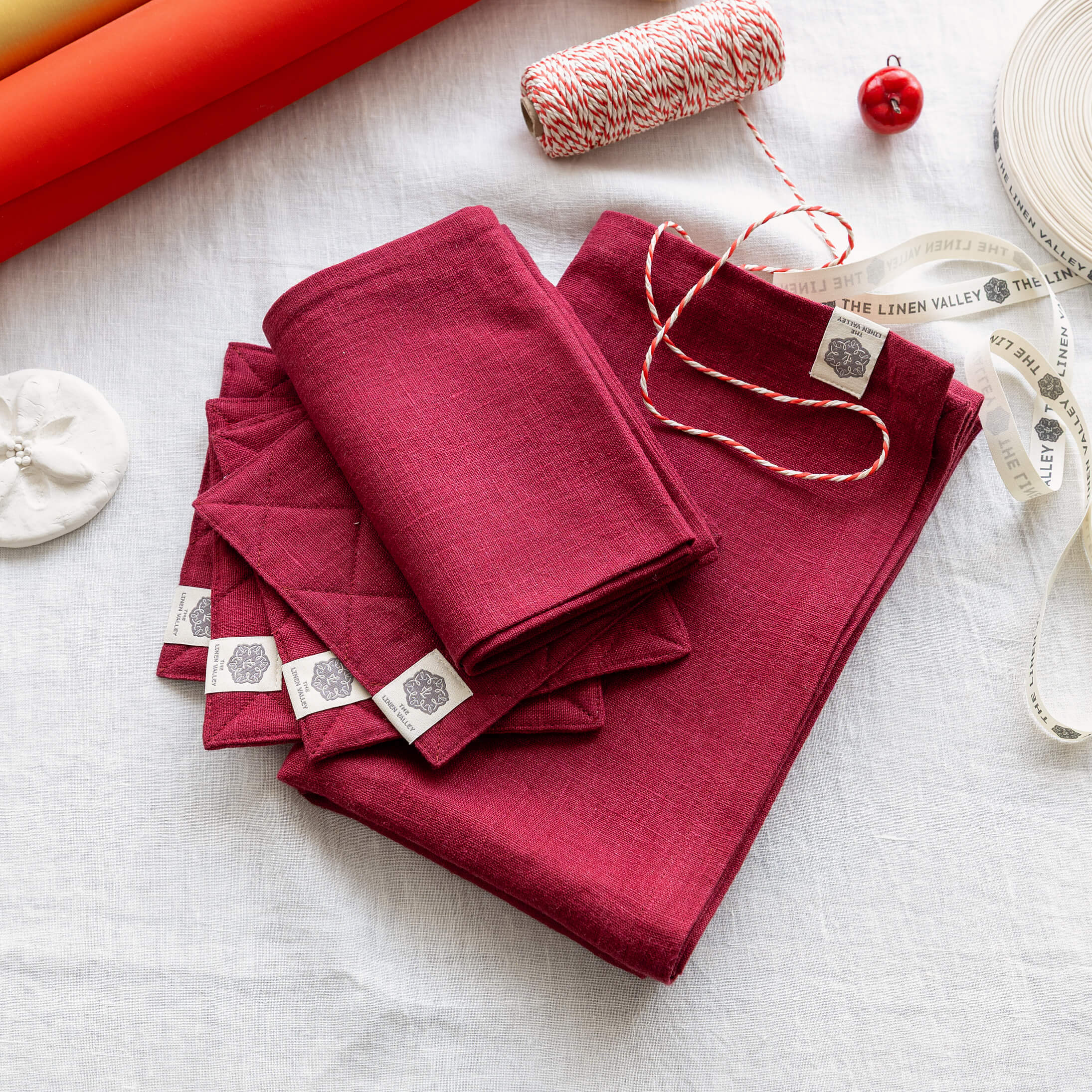 Burgundy red linen table runner, napkins and coasters gift set in heavyweight 260 g/m² European linen