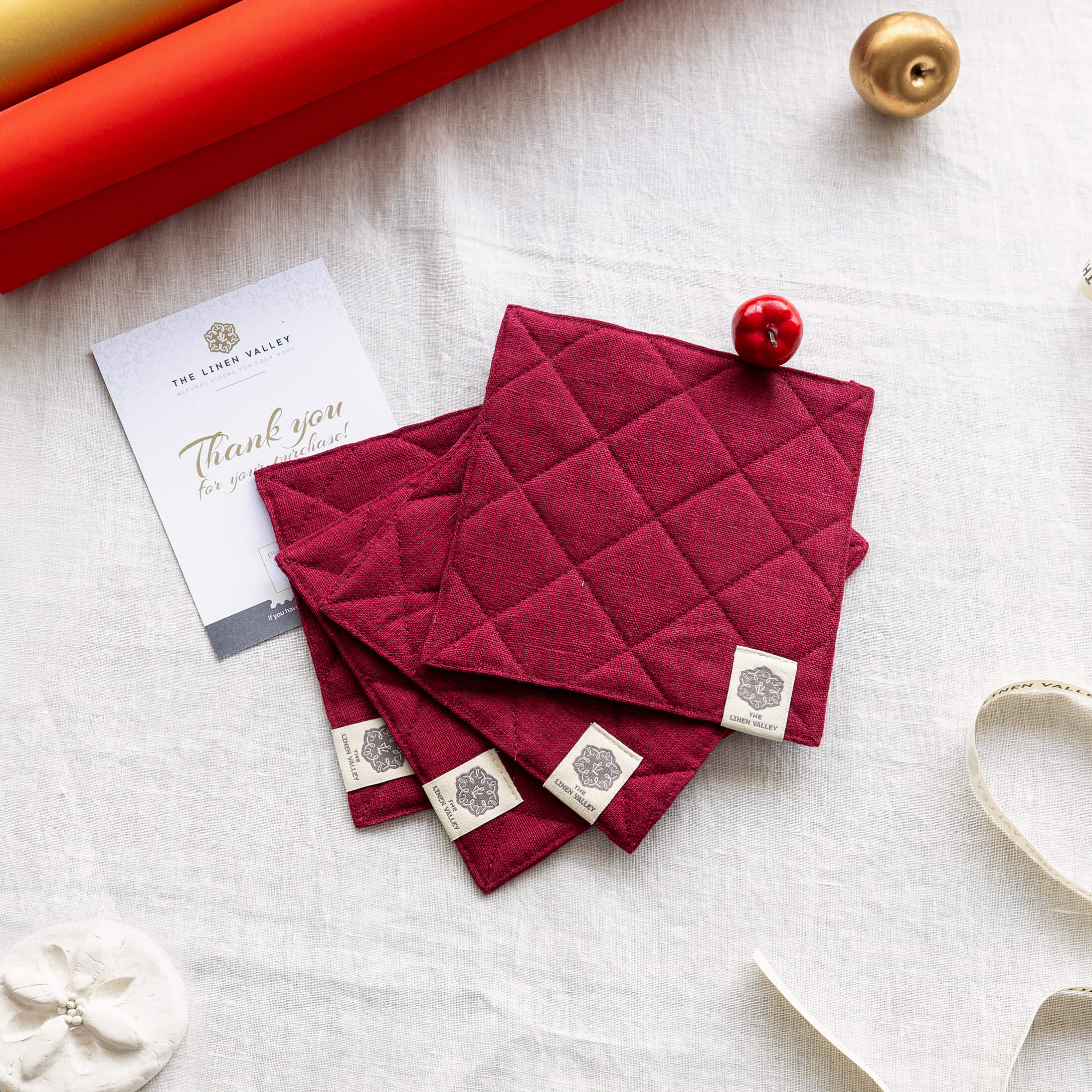 Burgundy red linen square coasters gift set in heavyweight 260 g/m² European linen