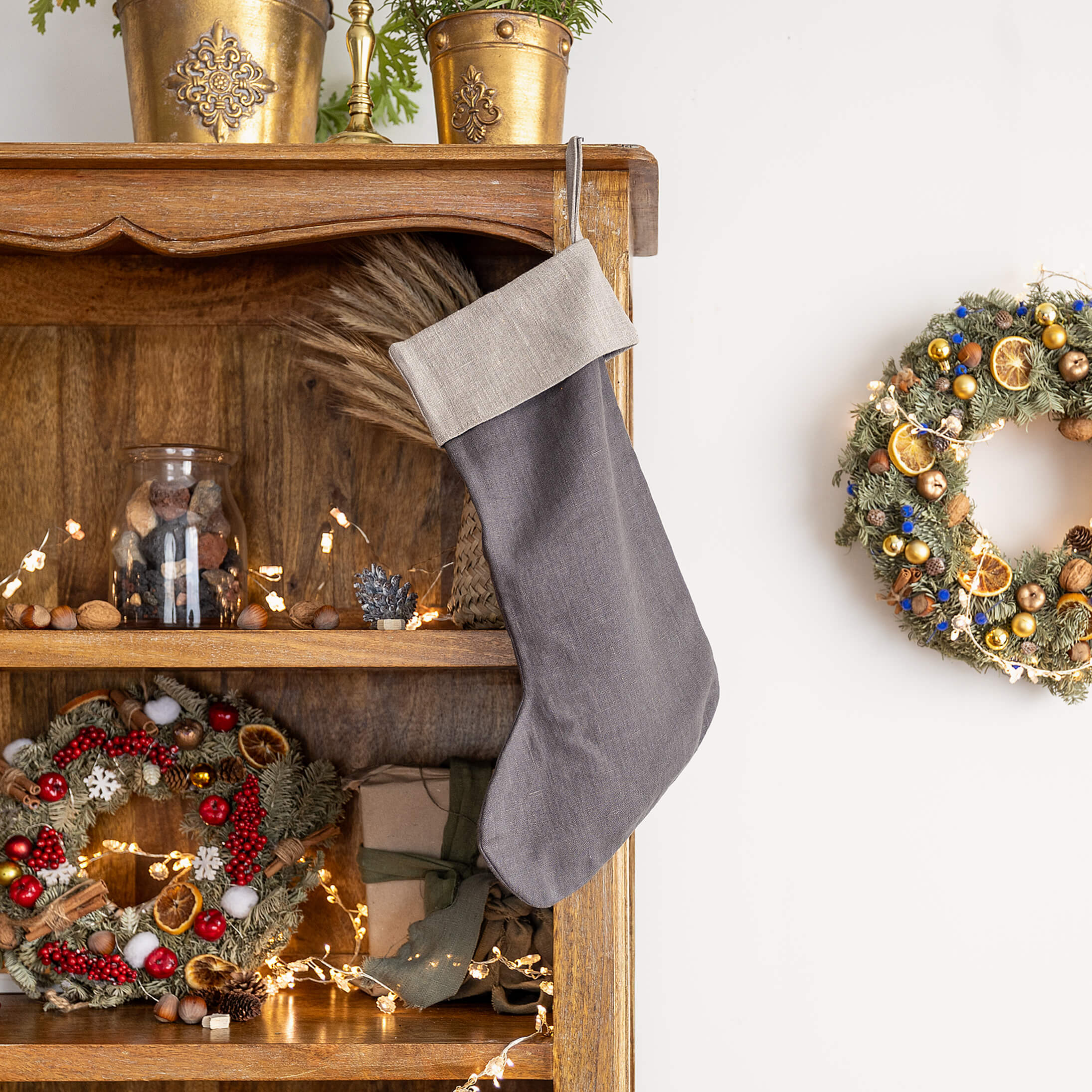 Charcoal Grey linen Christmas stocking with natural linen cuff, heavyweight 260 g/m² European linen