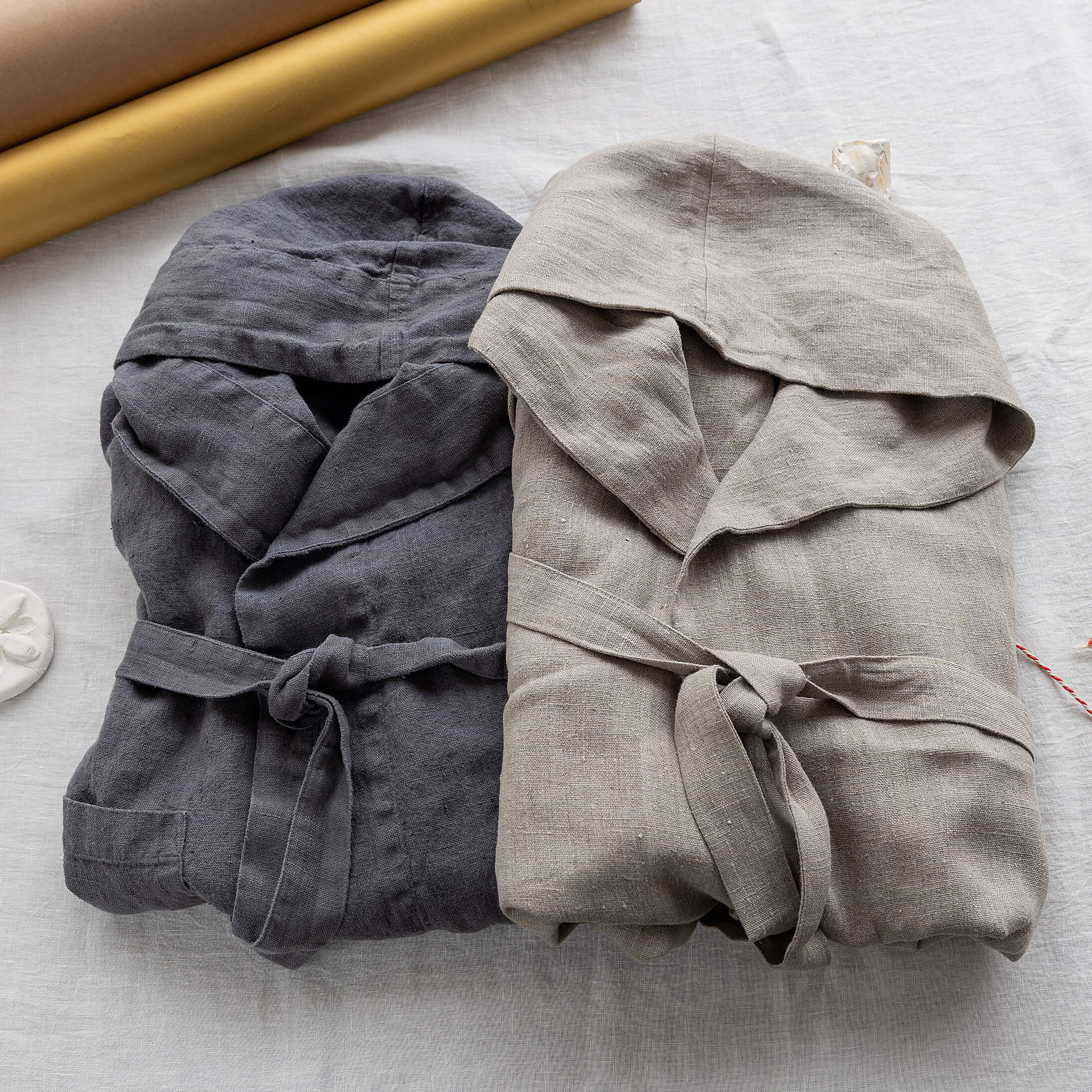 Charcoal grey and rustic linen his and hers bathrobe gift set in heavyweight 260 g/m² European linen
