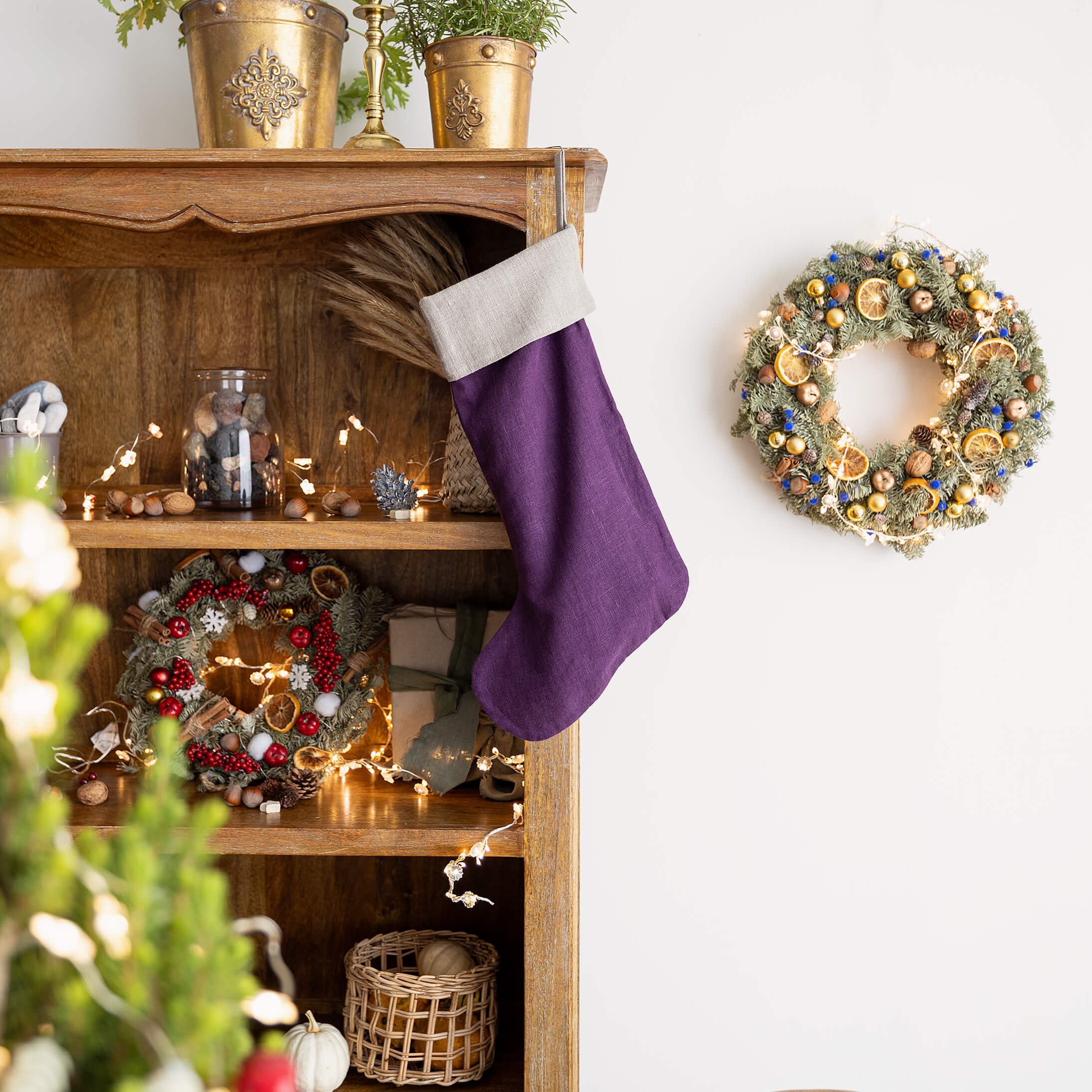 Deep Purple linen Christmas stocking with natural linen cuff, heavyweight 260 g/m² European linen