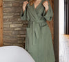 Immerse yourself in our moss green natural linen bathrobe and enjoy the exceptional comfort and elegance and breathability of natural linen.