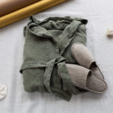 Moss green linen bathrobe and rustic linen slippers gift set in heavyweight 260 g/m² European linen