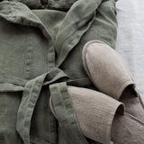 Moss green linen bathrobe and rustic linen slippers gift set in heavyweight 260 g/m² European linen