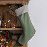 Moss Green linen Christmas stocking with natural linen cuff, heavyweight 260 g/m² European linen