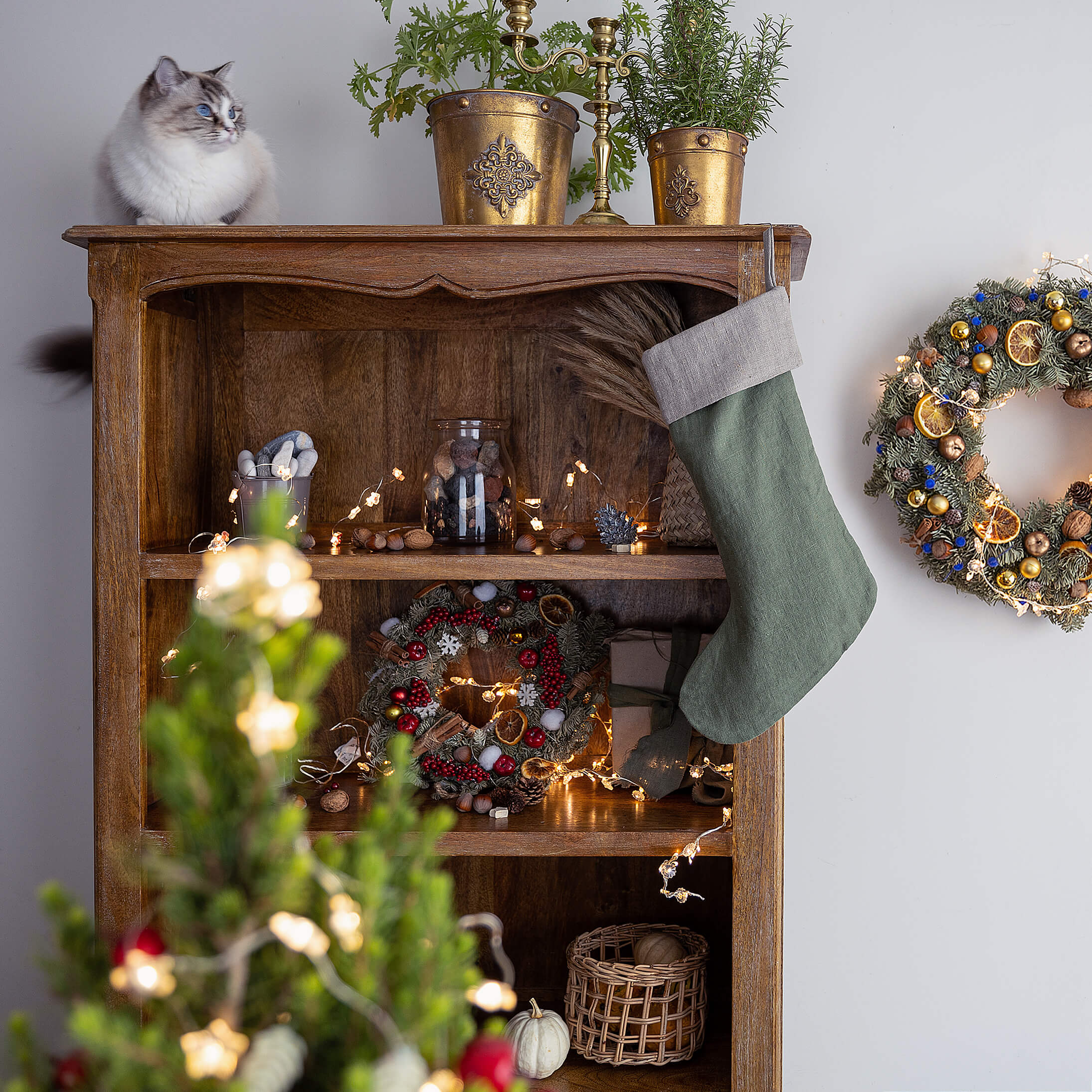 Moss green linen Christmas stocking and coasters gift set in heavyweight 260 g/m² European linen