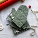 Moss green linen oven mitt, coasters and bag gift set in heavyweight 260 g/m² European linen