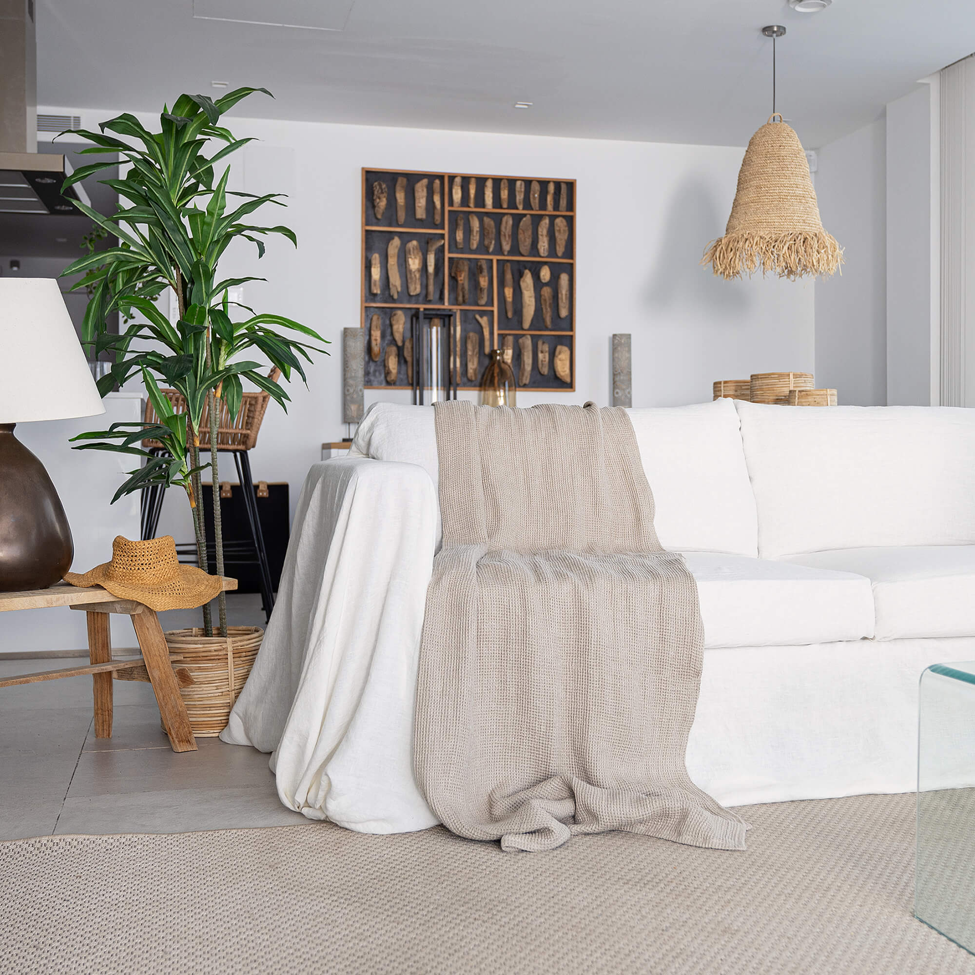 Rustic heavy linen waffle throw crafted from a cozy waffle weave, blanket adds a layer of warmth and style to any bedroom decor.