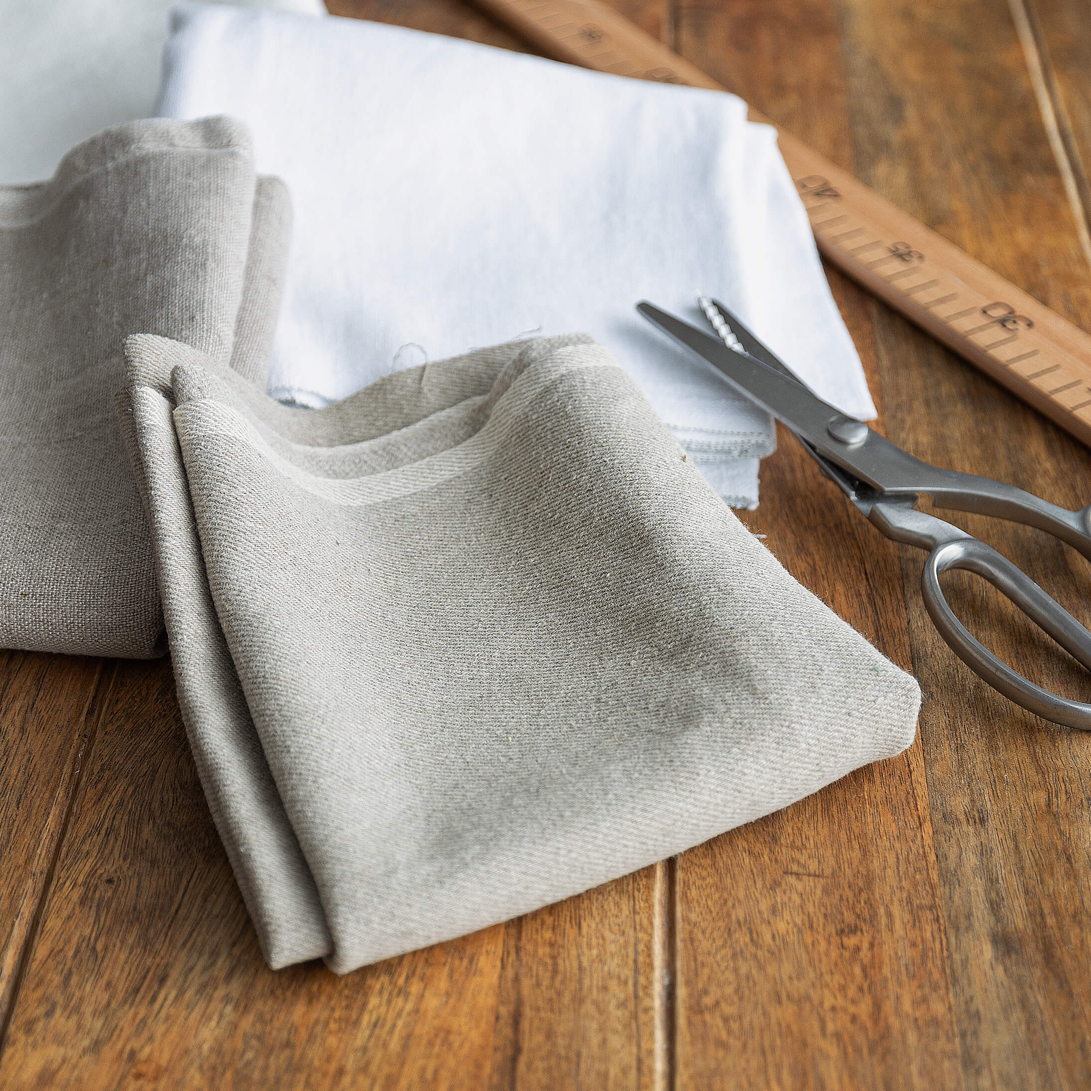 These scraps are linen fabric waste generated during our manufacturing process, helping to reduce our environmental impact and supporting our company’s zero-waste program.