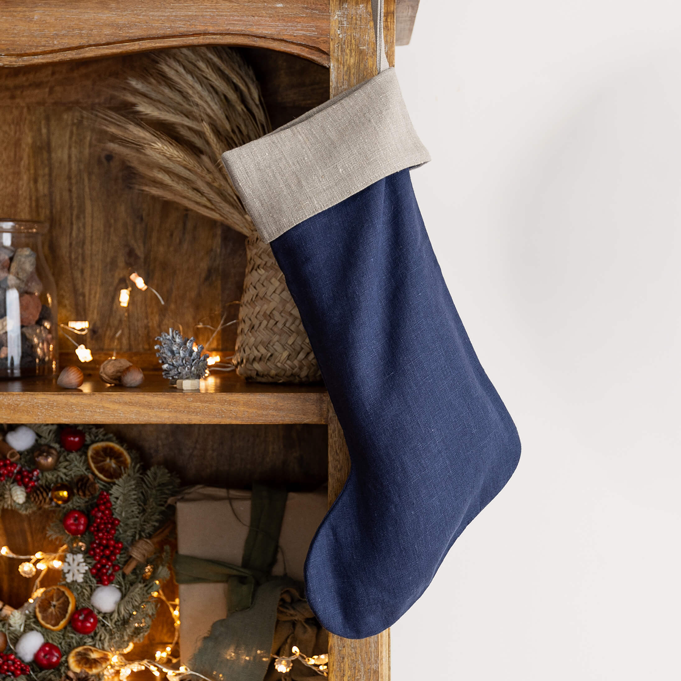 Navy Blue linen Christmas stocking with natural linen cuff, heavyweight 260 g/m² European linen