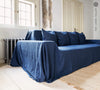 Navy blue linen couch cover designed and crafted to elevate your interior with a fresh look and great energy.