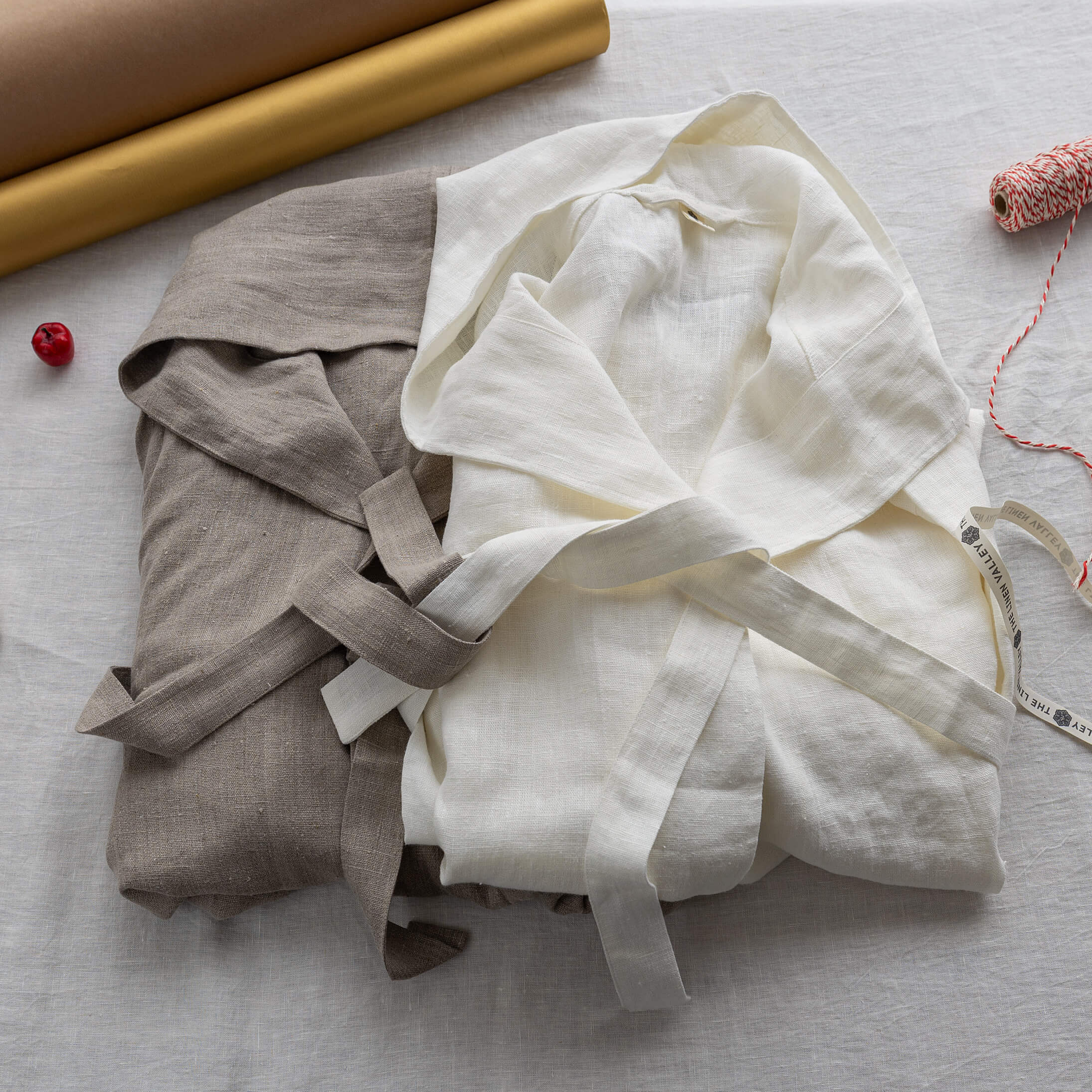 Rustic and antique white linen his and hers bathrobe gift set in heavyweight 260 g/m² European linen