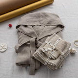 Rustic linen bathrobe and natural waffle linen towels gift set in European linen