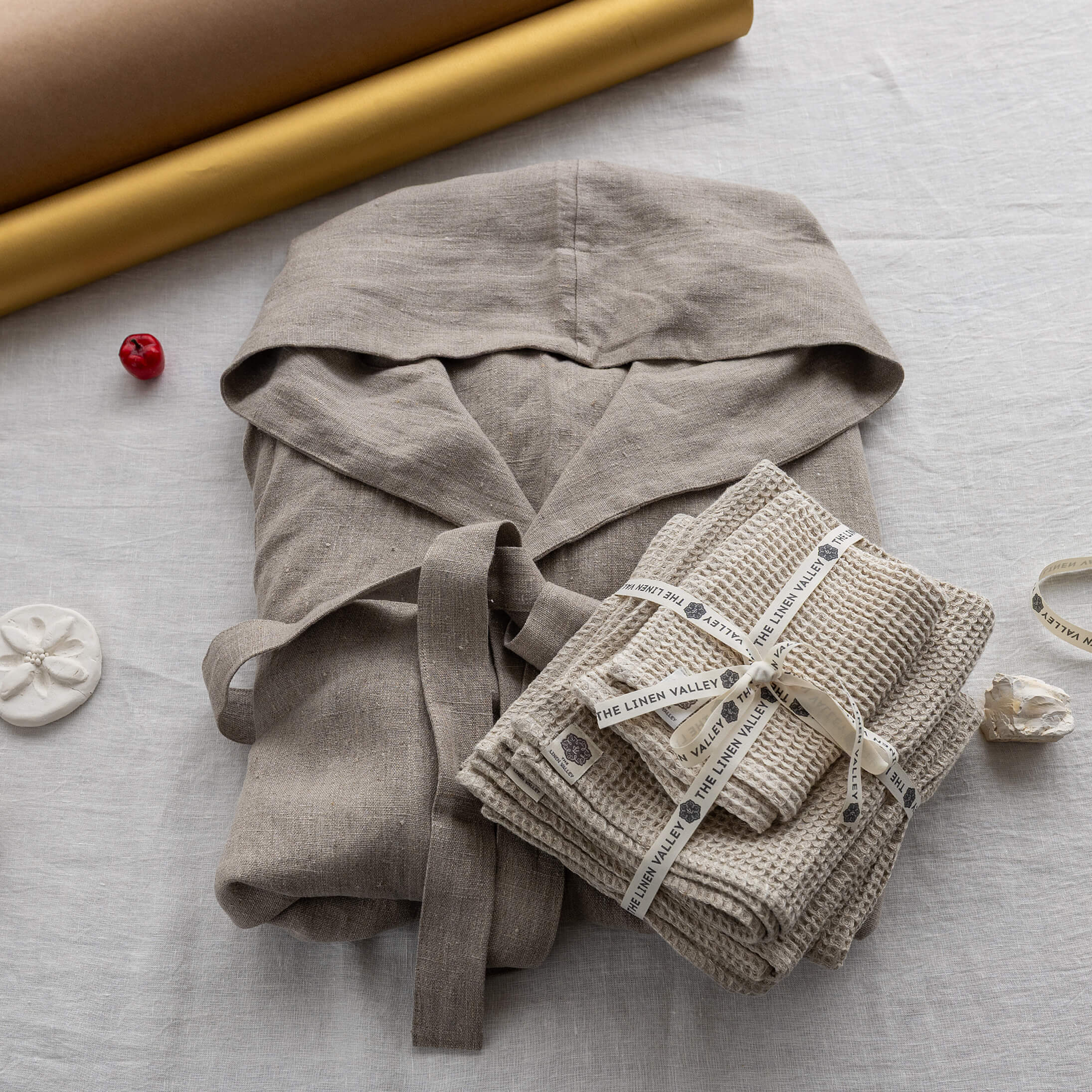 Rustic linen bathrobe and natural waffle linen towels gift set in European linen