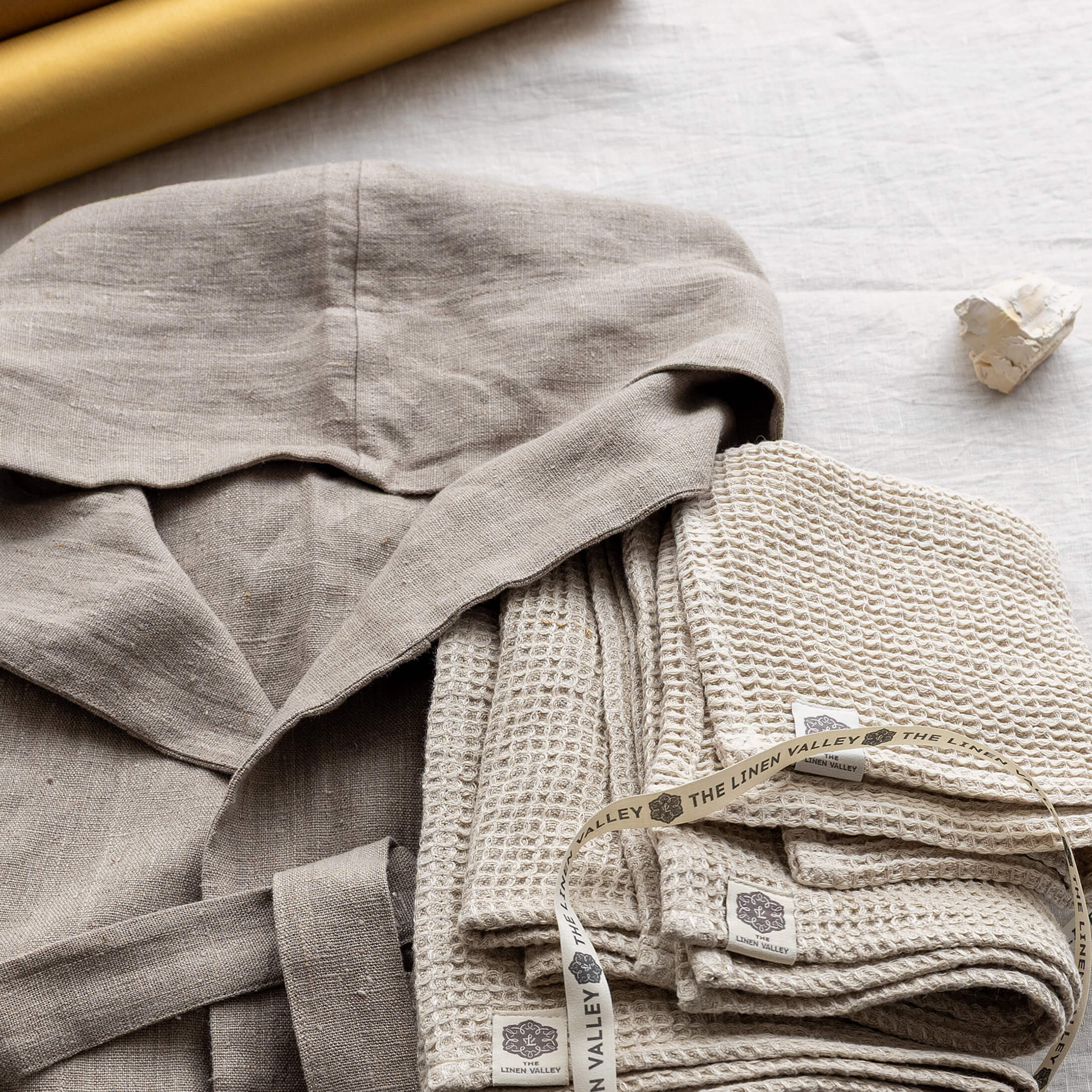 Rustic linen bathrobe and natural waffle linen towels gift set in European linen
