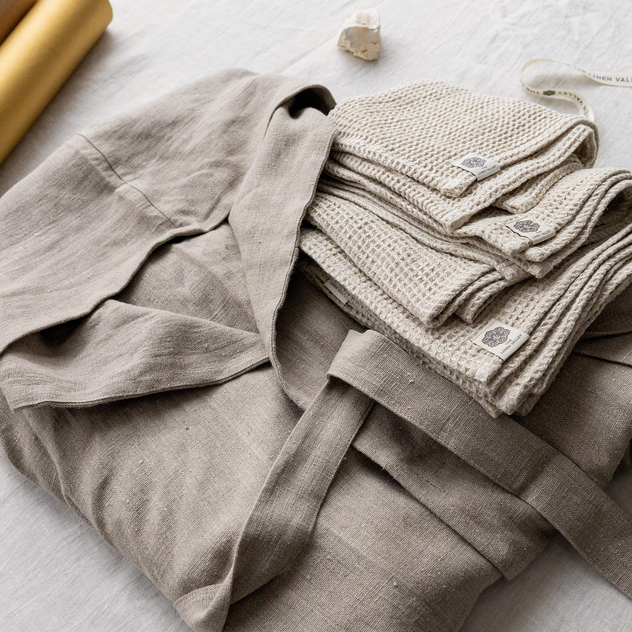 Rustic linen bathrobe and natural waffle linen towels gift set in European linen
