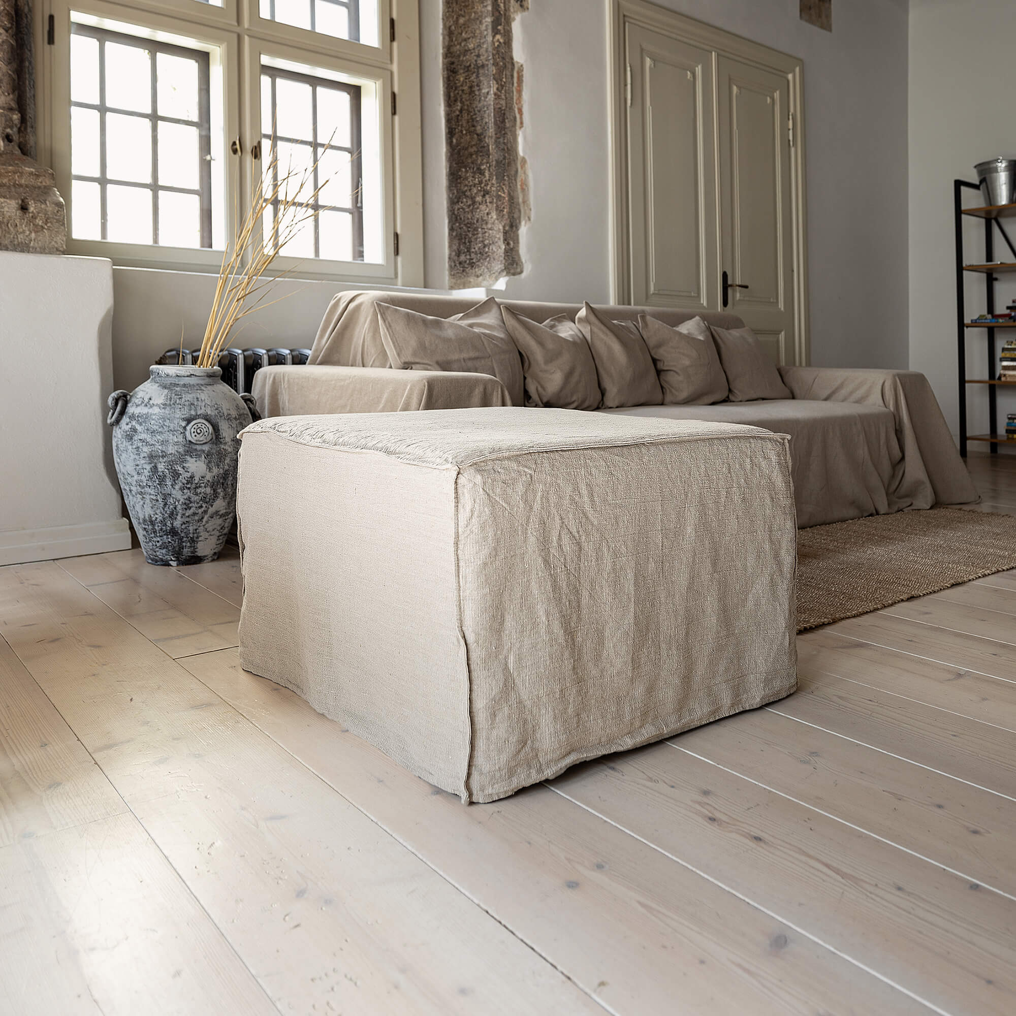 ntroducing our new unbleached natural linen ottoman cover – the ultimate solution for giving your ottoman a fresh look and upgrading your interior effortlessly. Revive your living space with our linen ottoman cover today.