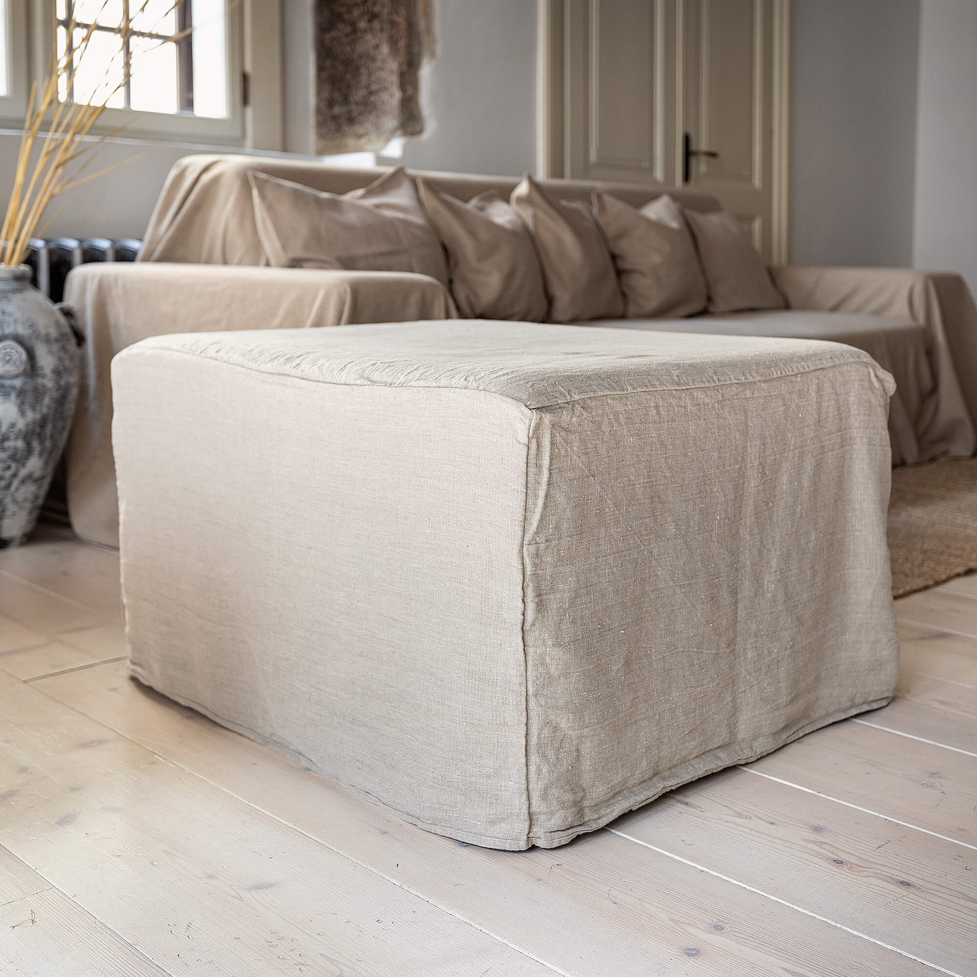 ntroducing our new unbleached natural linen ottoman cover – the ultimate solution for giving your ottoman a fresh look and upgrading your interior effortlessly. Revive your living space with our linen ottoman cover today.