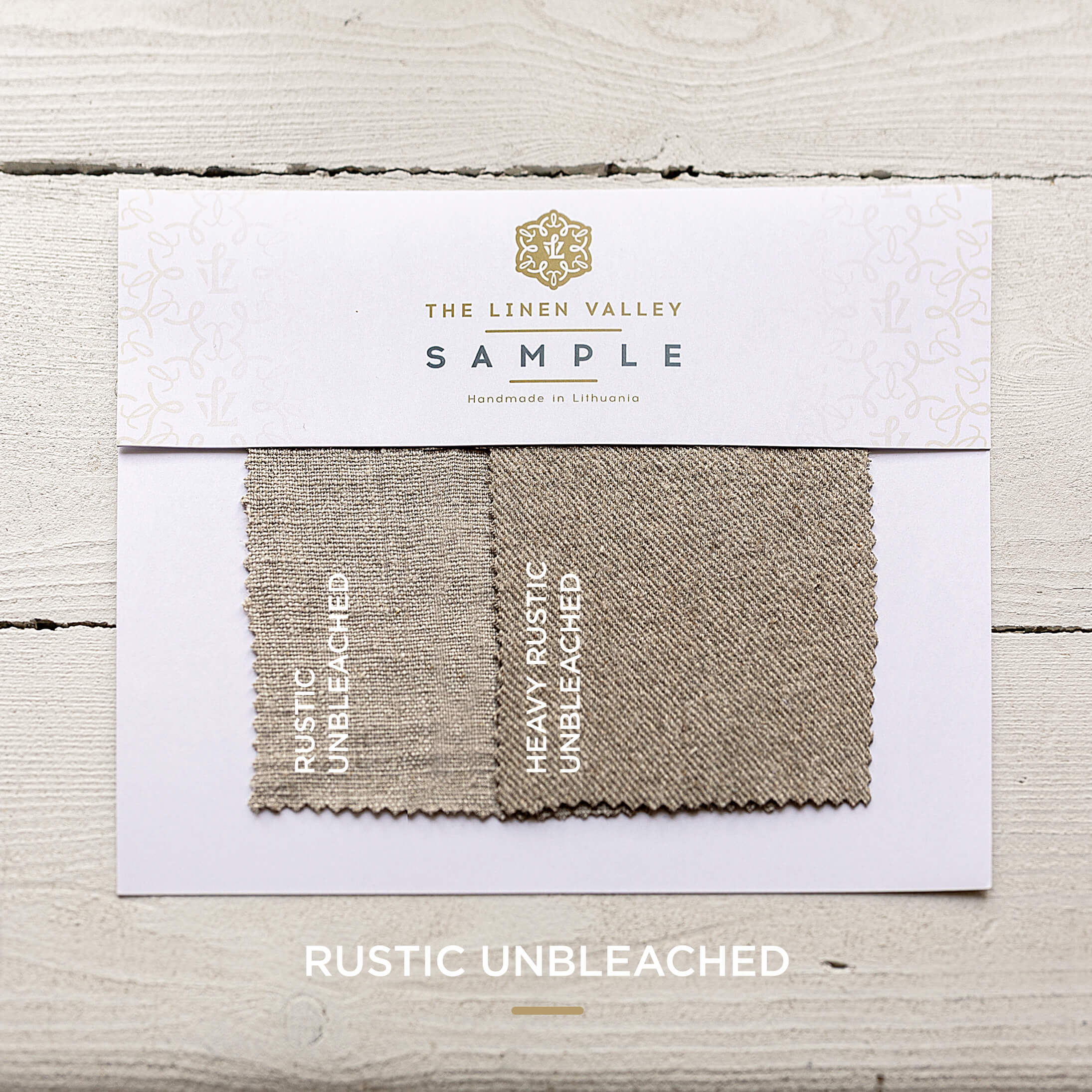 Fabric sample with 'Rustic Unbleached' label on a white card, branded 'The Linen Valley'.
