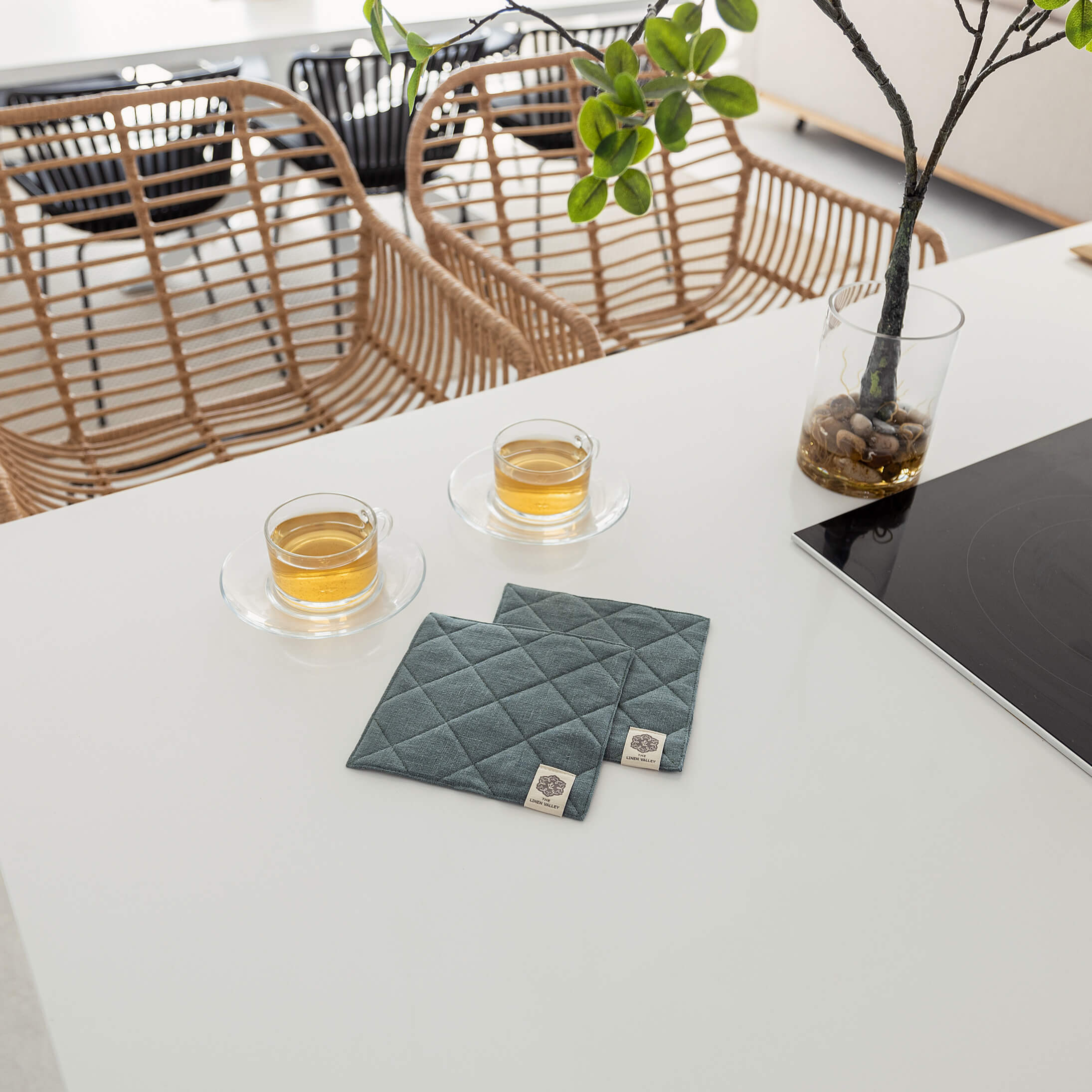 Teal Blue Linen Square Coasters Set