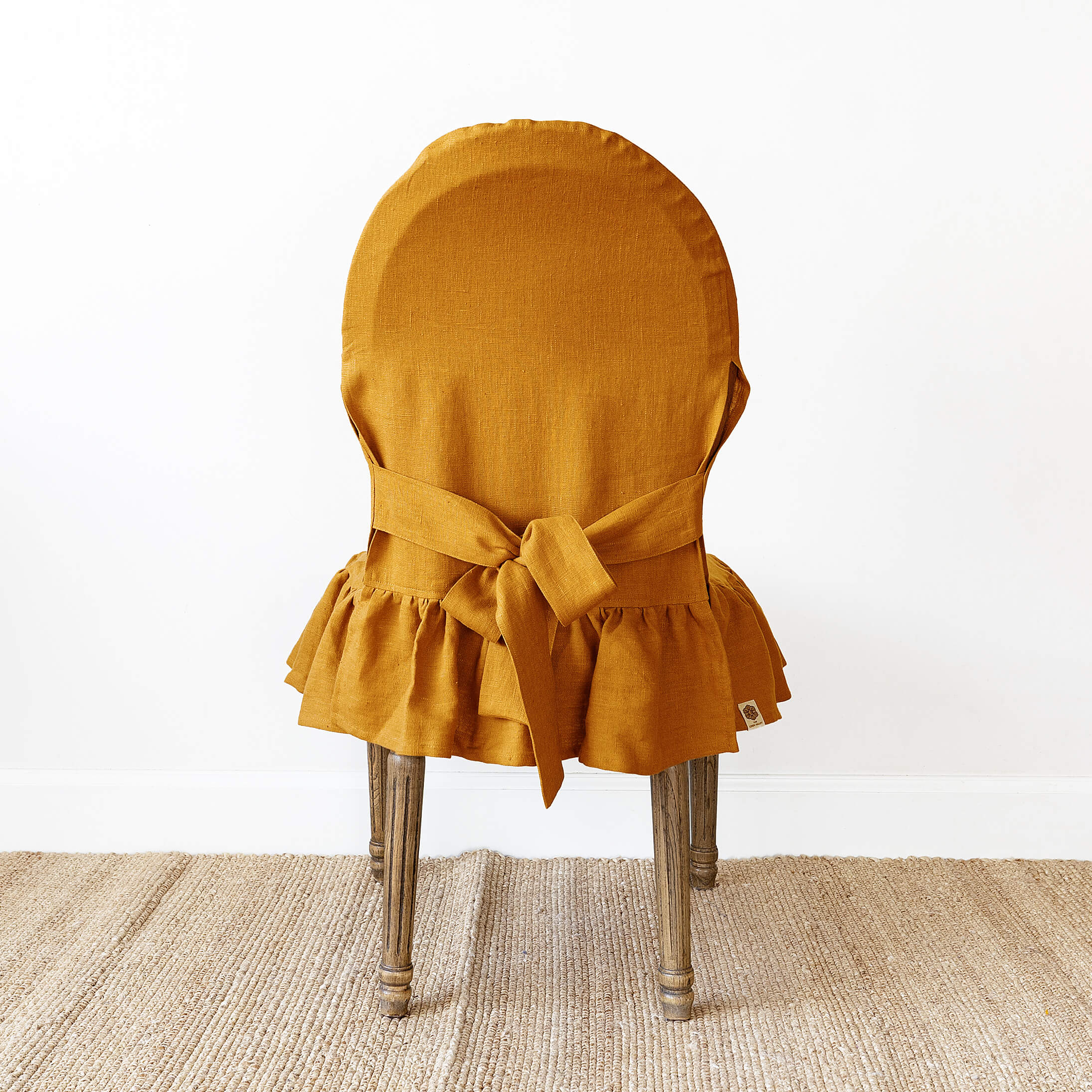 Amber yellow linen ruffled full chair cover in heavyweight 260 g/m² European linen