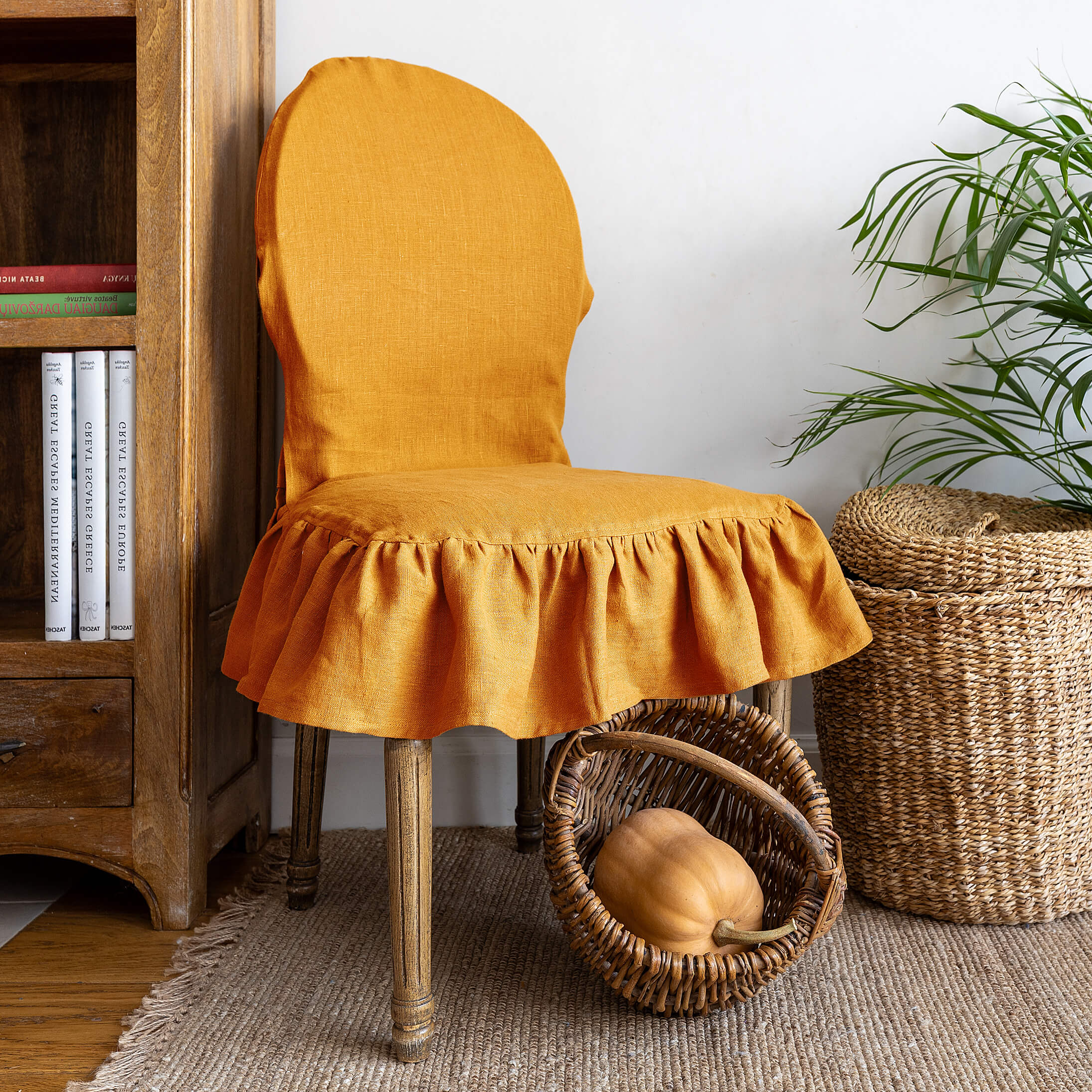 Amber yellow linen ruffled full chair cover in heavyweight 260 g/m² European linen