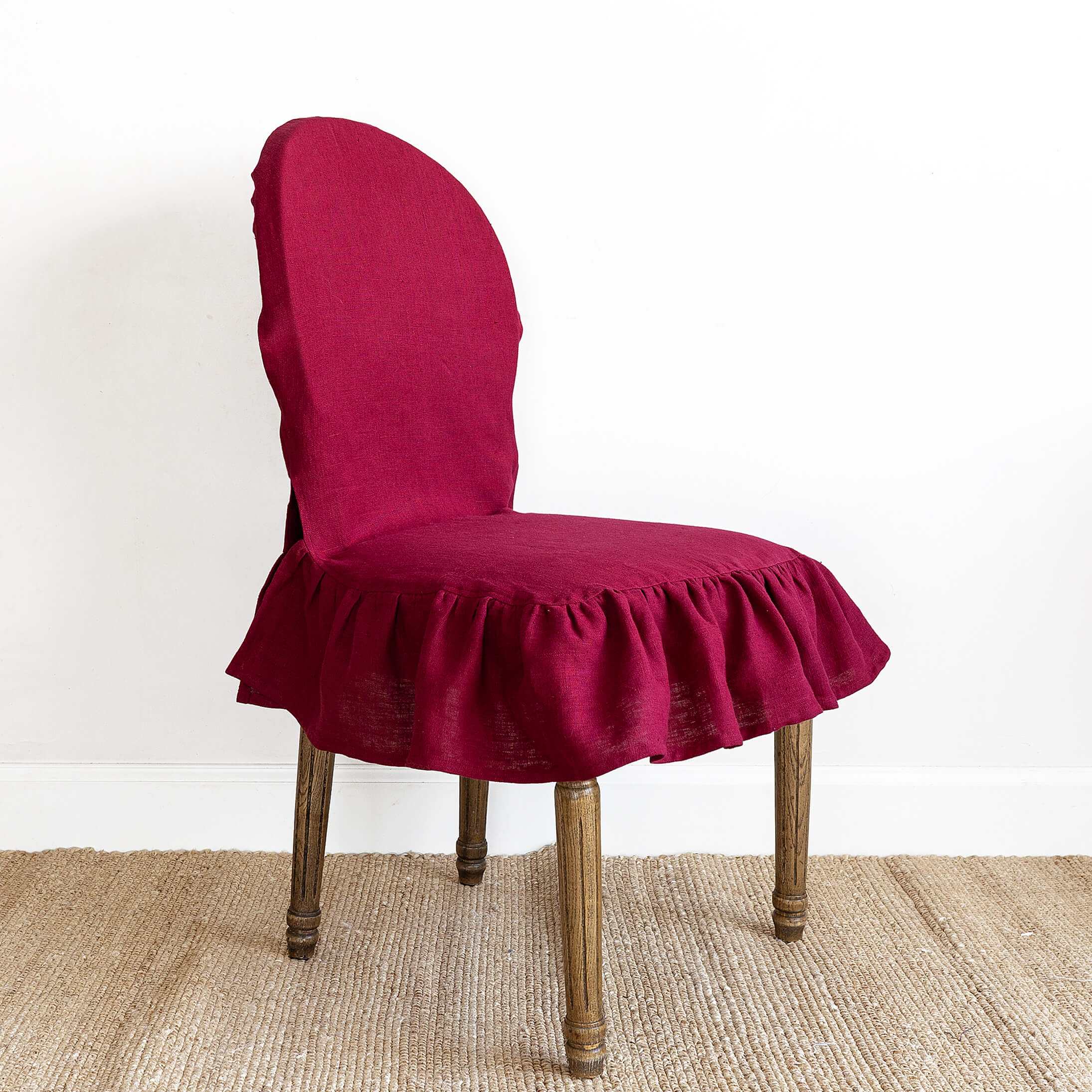 Burgundy red linen ruffled full chair cover in heavyweight 260 g/m² European linen