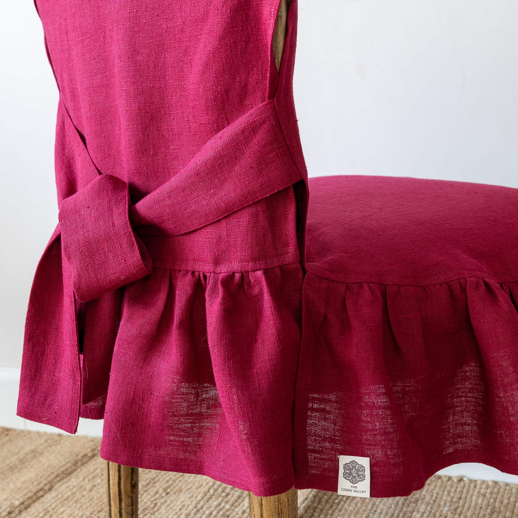 Burgundy red linen ruffled full chair cover in heavyweight 260 g/m² European linen