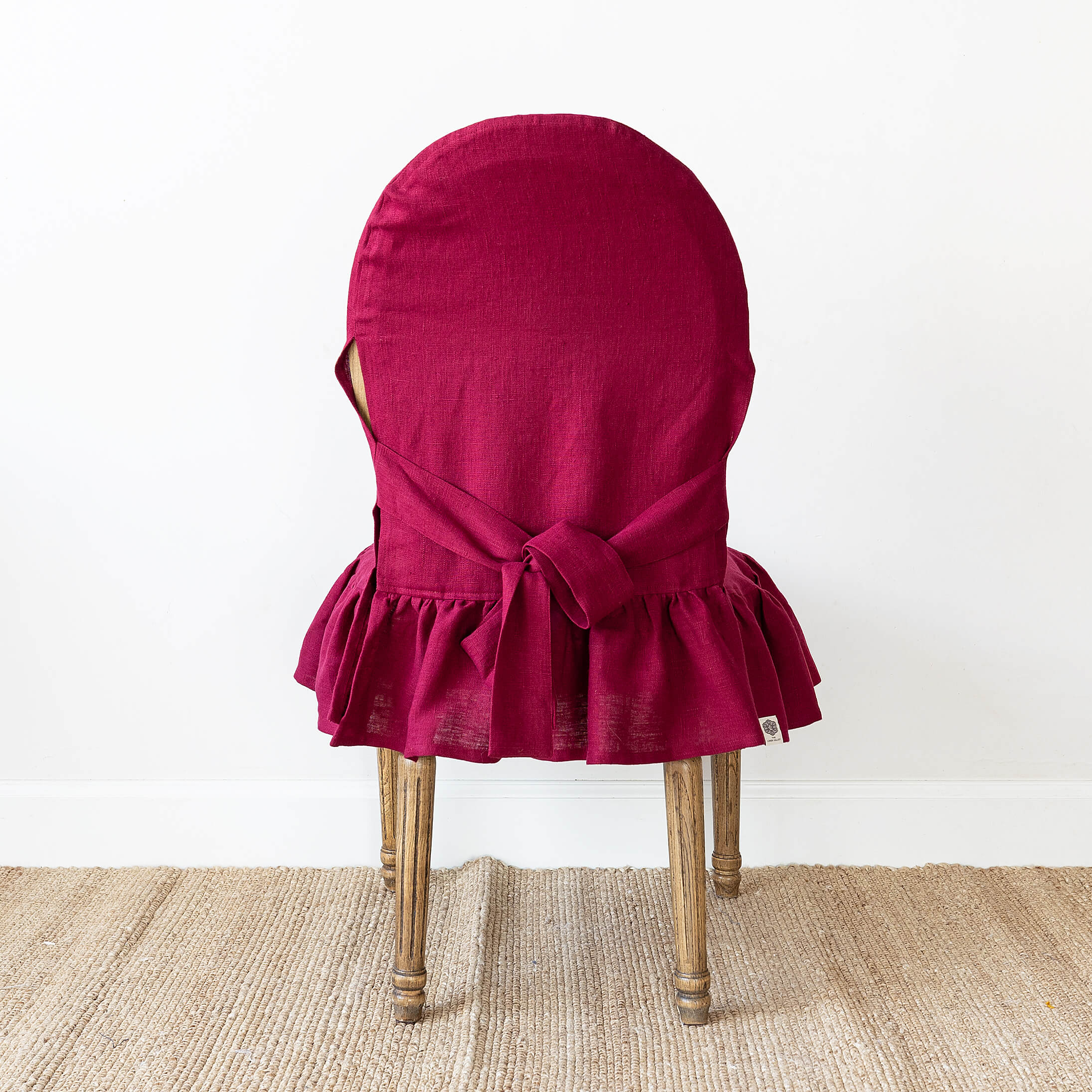 Burgundy red linen ruffled full chair cover in heavyweight 260 g/m² European linen