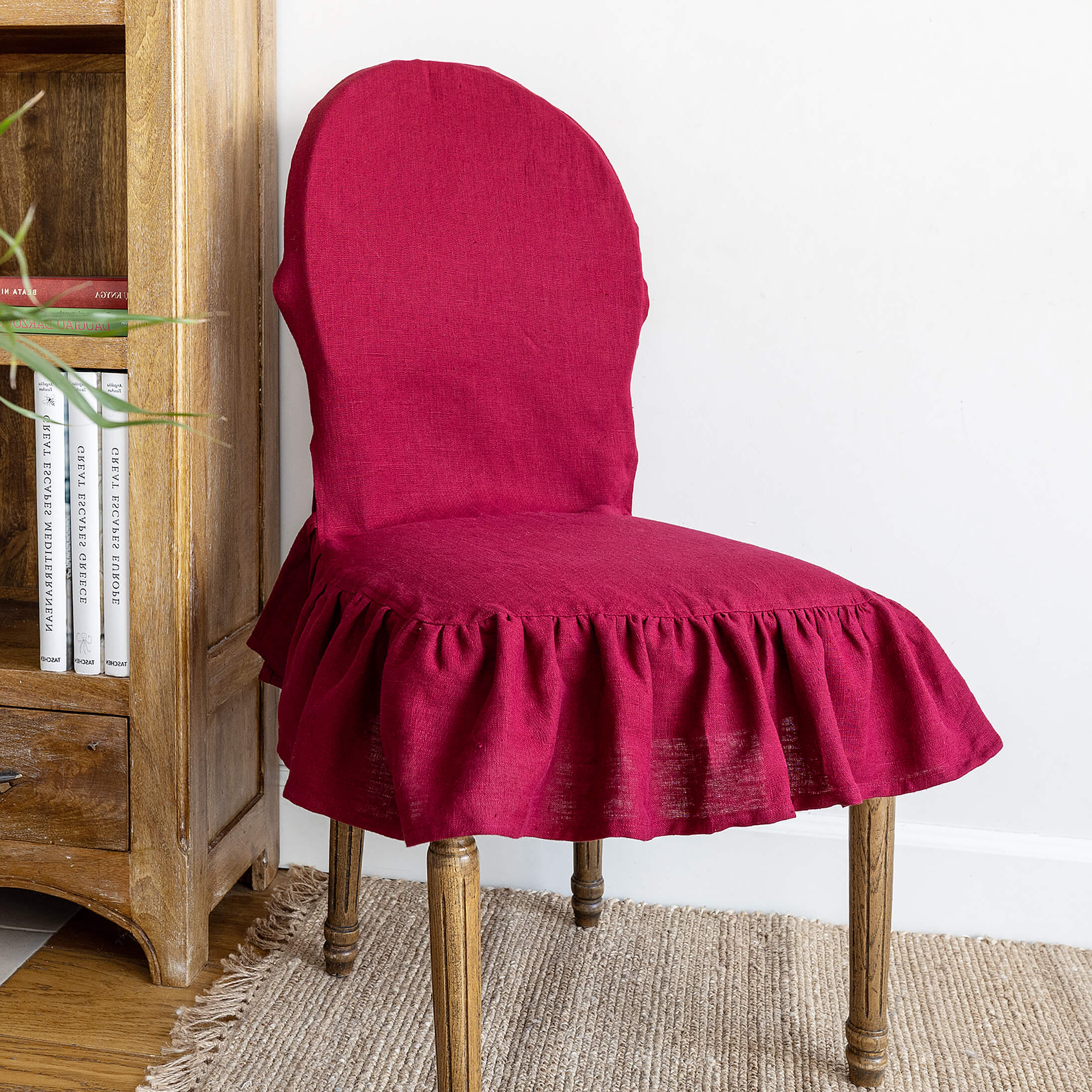 Burgundy red linen ruffled full chair cover in heavyweight 260 g/m² European linen