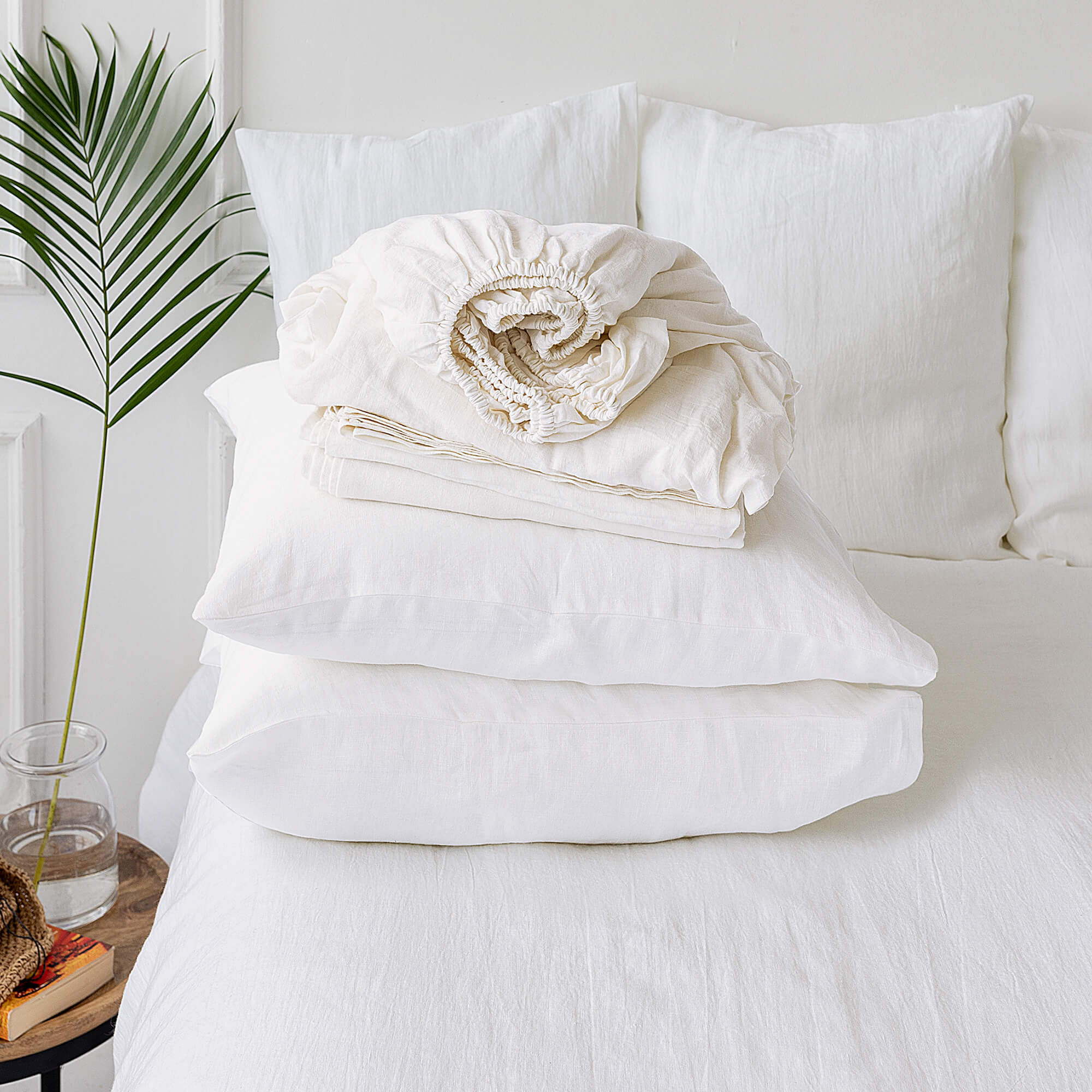Optical white linen sheets will grant luxurious comfort and will give your bed new elegant look.
Crafted to elevate your sleeping experience, each set includes soft fitted sheet, a flat sheet and two pillowcases.