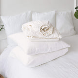 Optical white linen sheets will grant luxurious comfort and will give your bed new elegant look.
Crafted to elevate your sleeping experience, each set includes soft fitted sheet, a flat sheet and two pillowcases.