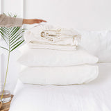Optical white linen sheets will grant luxurious comfort and will give your bed new elegant look.
Crafted to elevate your sleeping experience, each set includes soft fitted sheet, a flat sheet and two pillowcases.