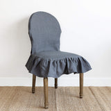 Charcoal grey linen ruffled full chair cover in heavyweight 260 g/m² European linen