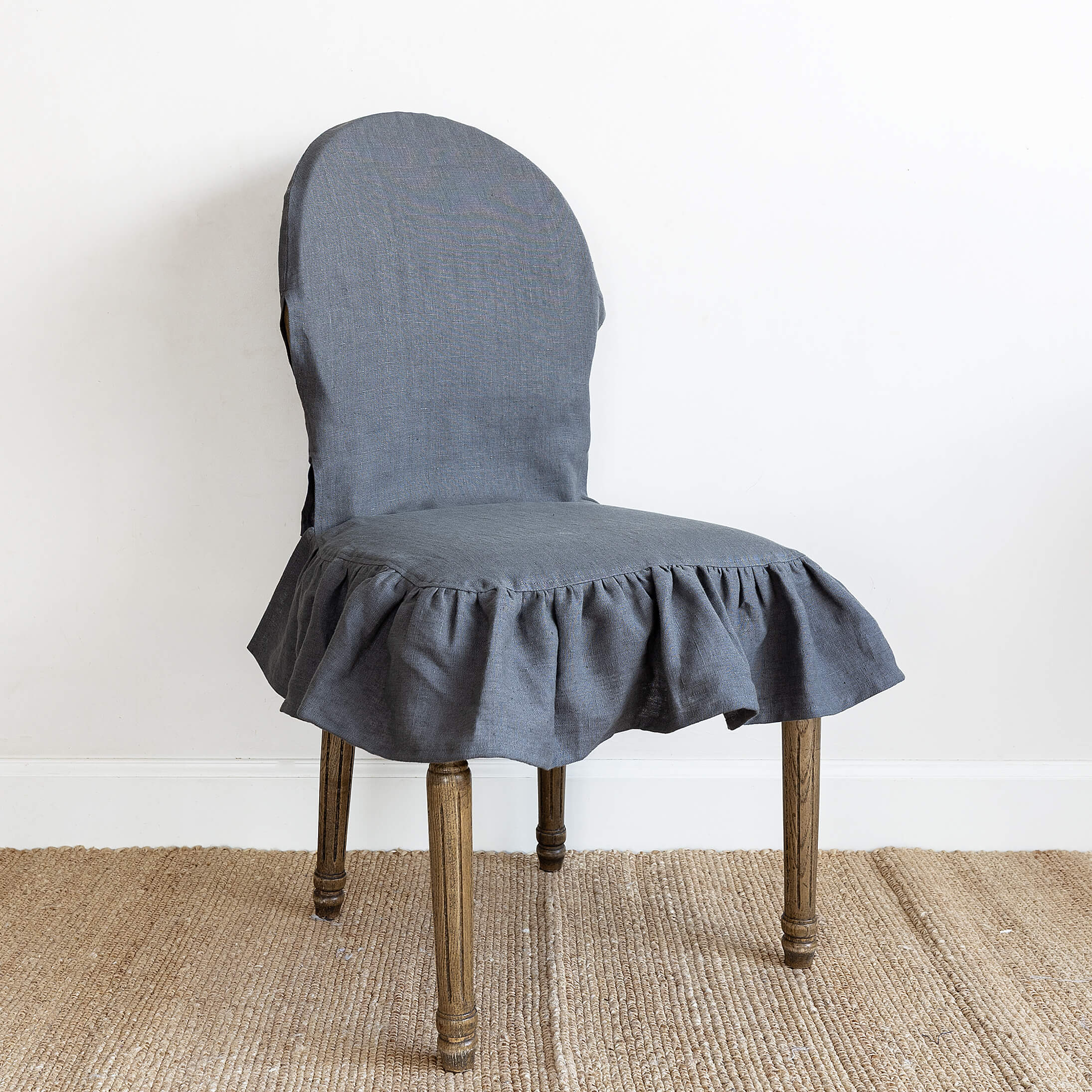 Charcoal grey linen ruffled full chair cover in heavyweight 260 g/m² European linen