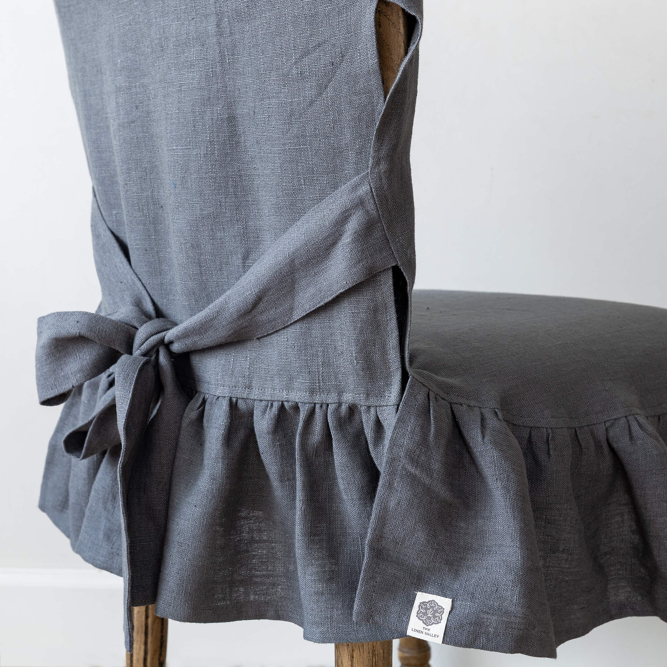 Charcoal grey linen ruffled full chair cover in heavyweight 260 g/m² European linen