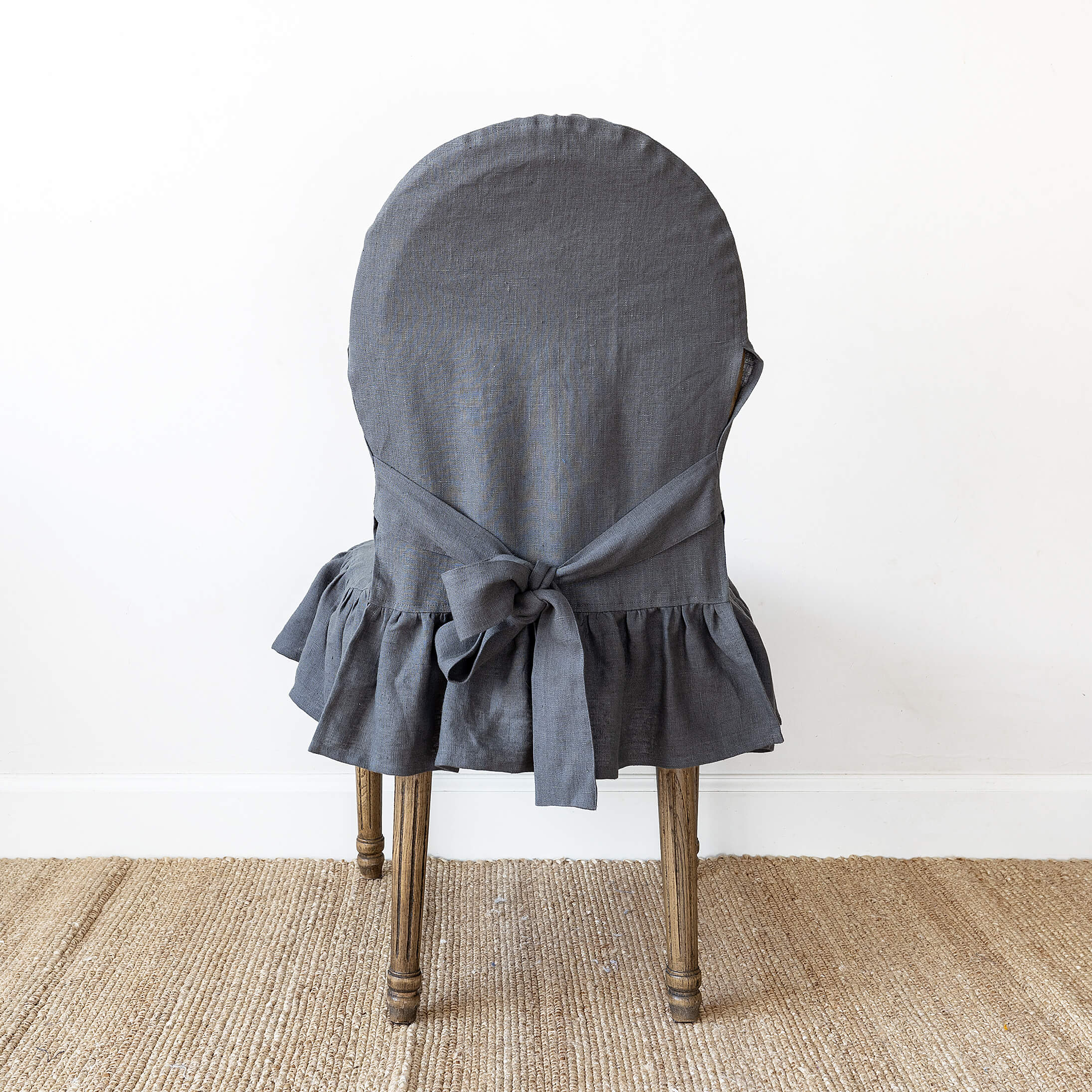 Charcoal grey linen ruffled full chair cover in heavyweight 260 g/m² European linen