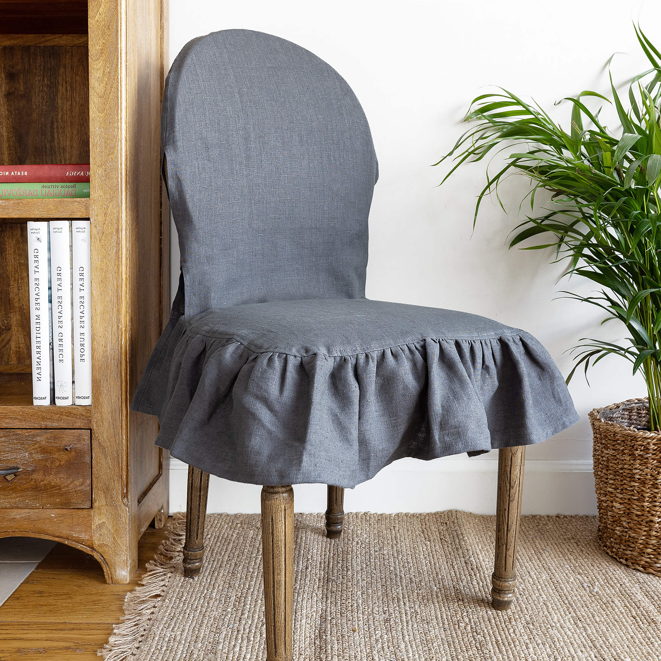 Charcoal grey linen ruffled full chair cover in heavyweight 260 g/m² European linen