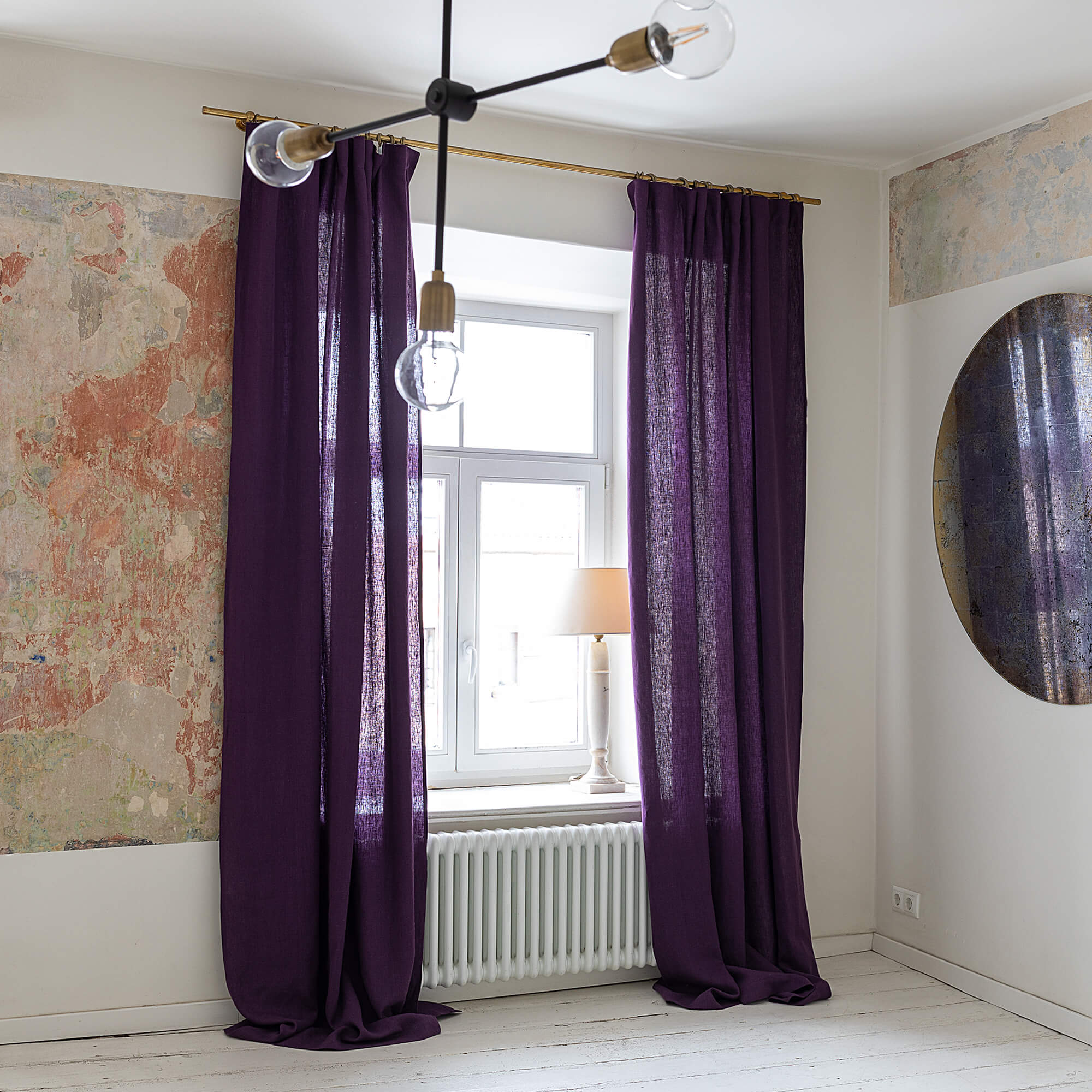 Deep purple linen curtain panel lined with antique white linen, 520 g/m² in total, with multifunctional heading tape