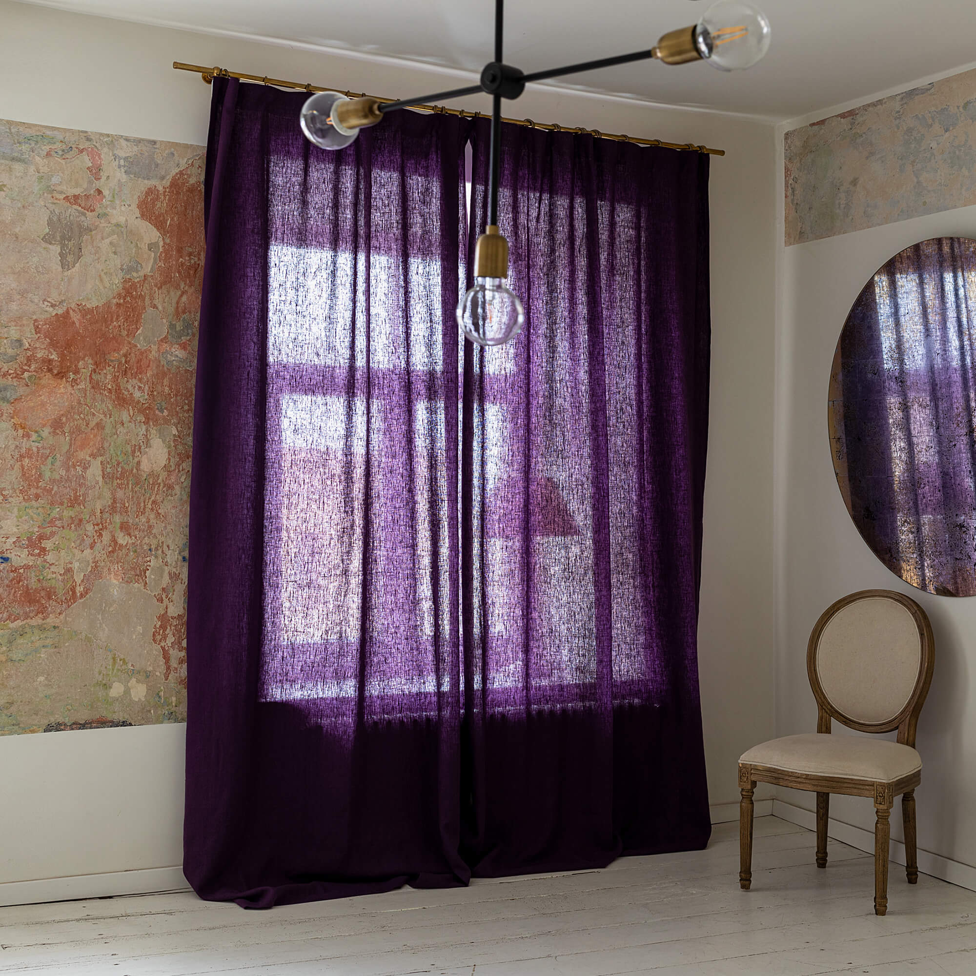 Deep purple linen curtain panel lined with antique white linen, 520 g/m² in total, with multifunctional heading tape