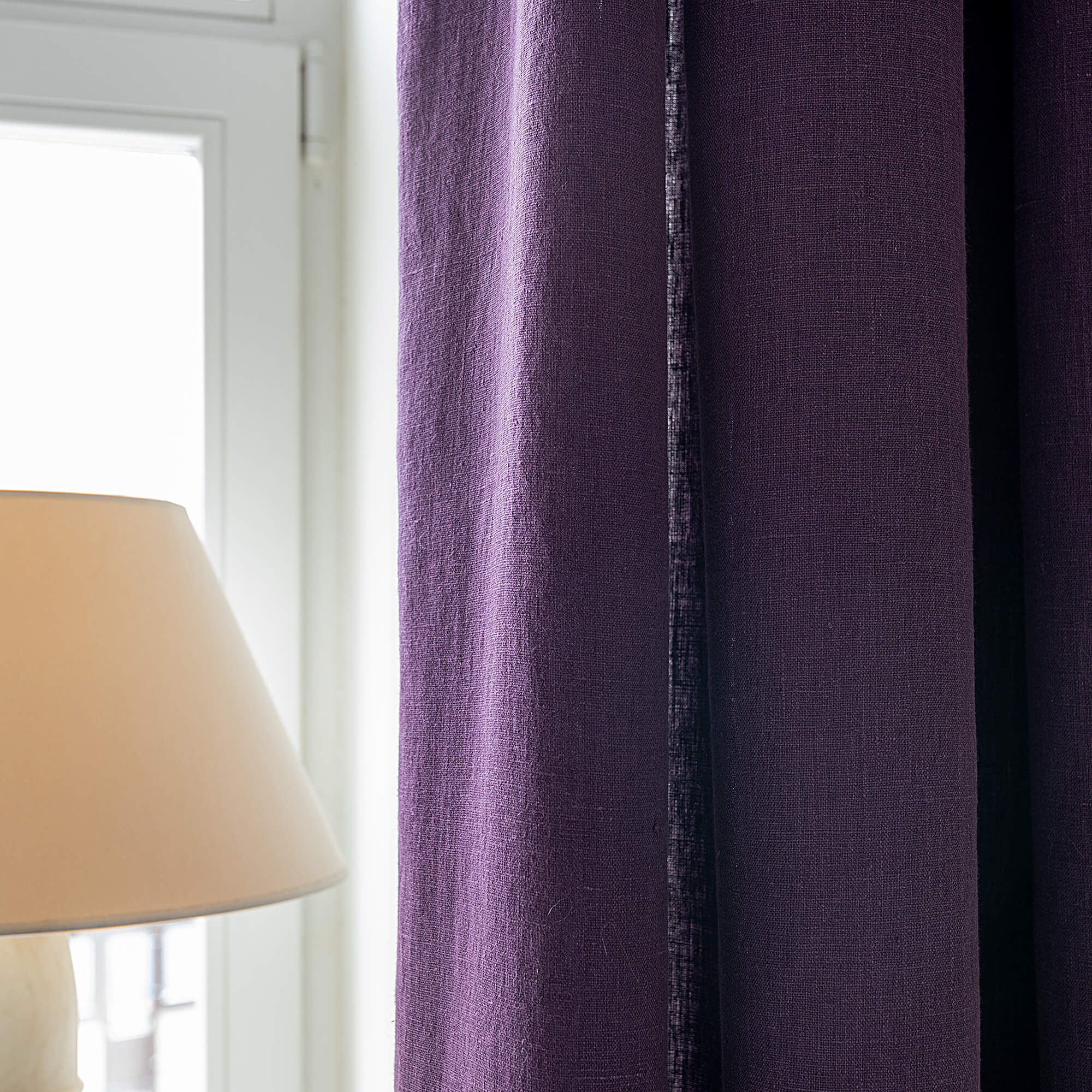 Deep purple linen curtain panel lined with antique white linen, 520 g/m² in total, with multifunctional heading tape