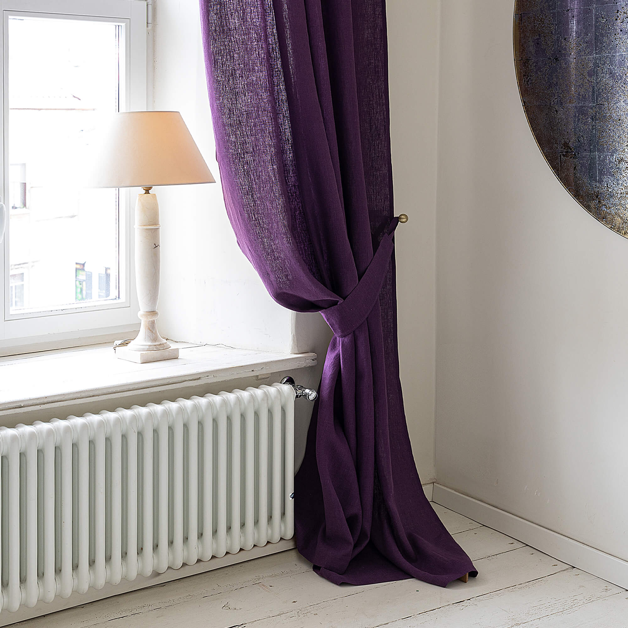 Deep purple linen curtain tie-back in heavyweight 260 g/m² European linen