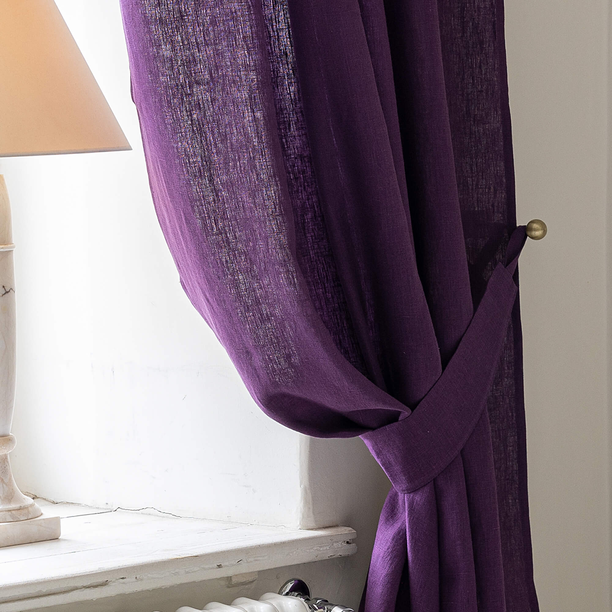 Deep purple linen curtain tie-back in heavyweight 260 g/m² European linen