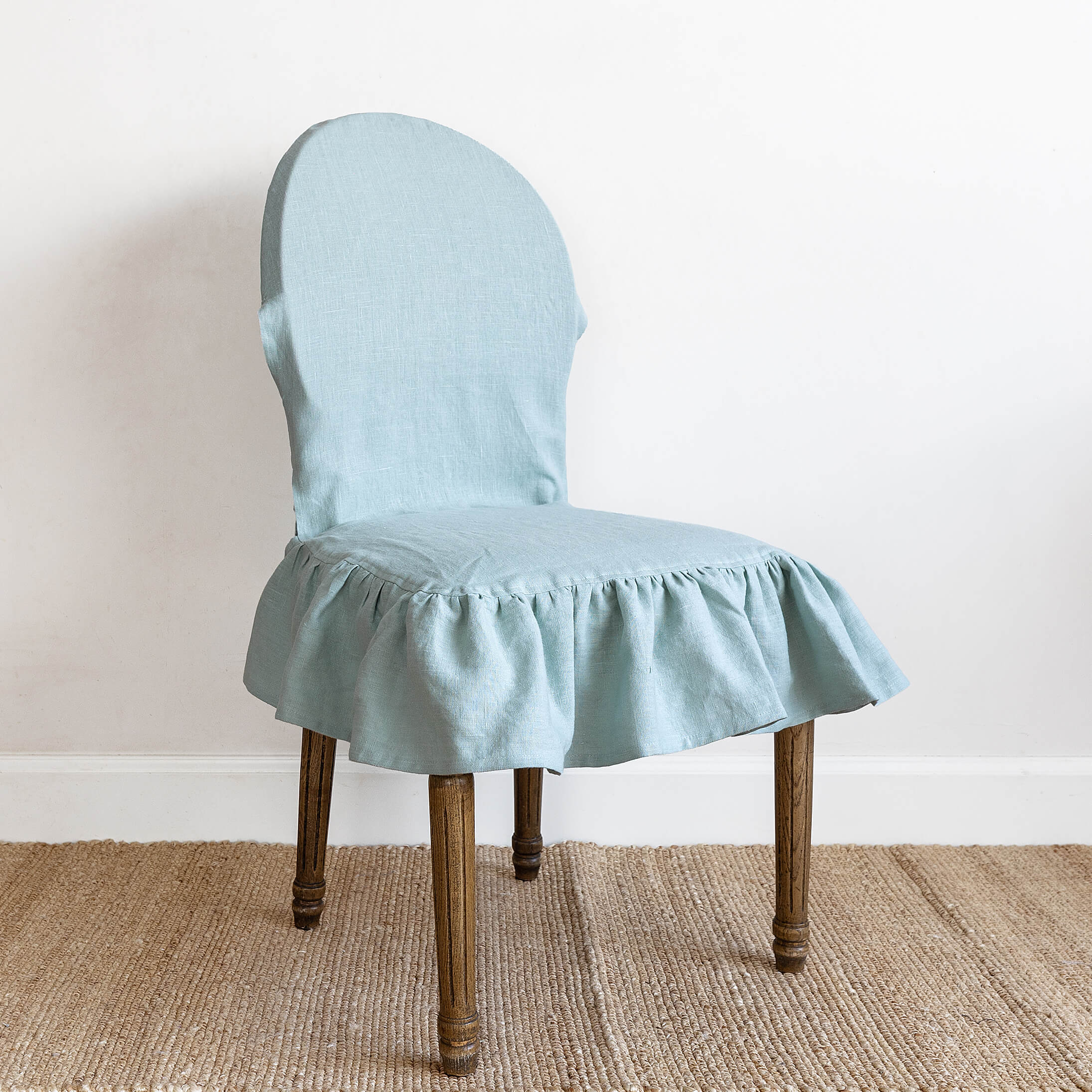 Duck egg blue linen ruffled full chair cover in heavyweight 260 g/m² European linen