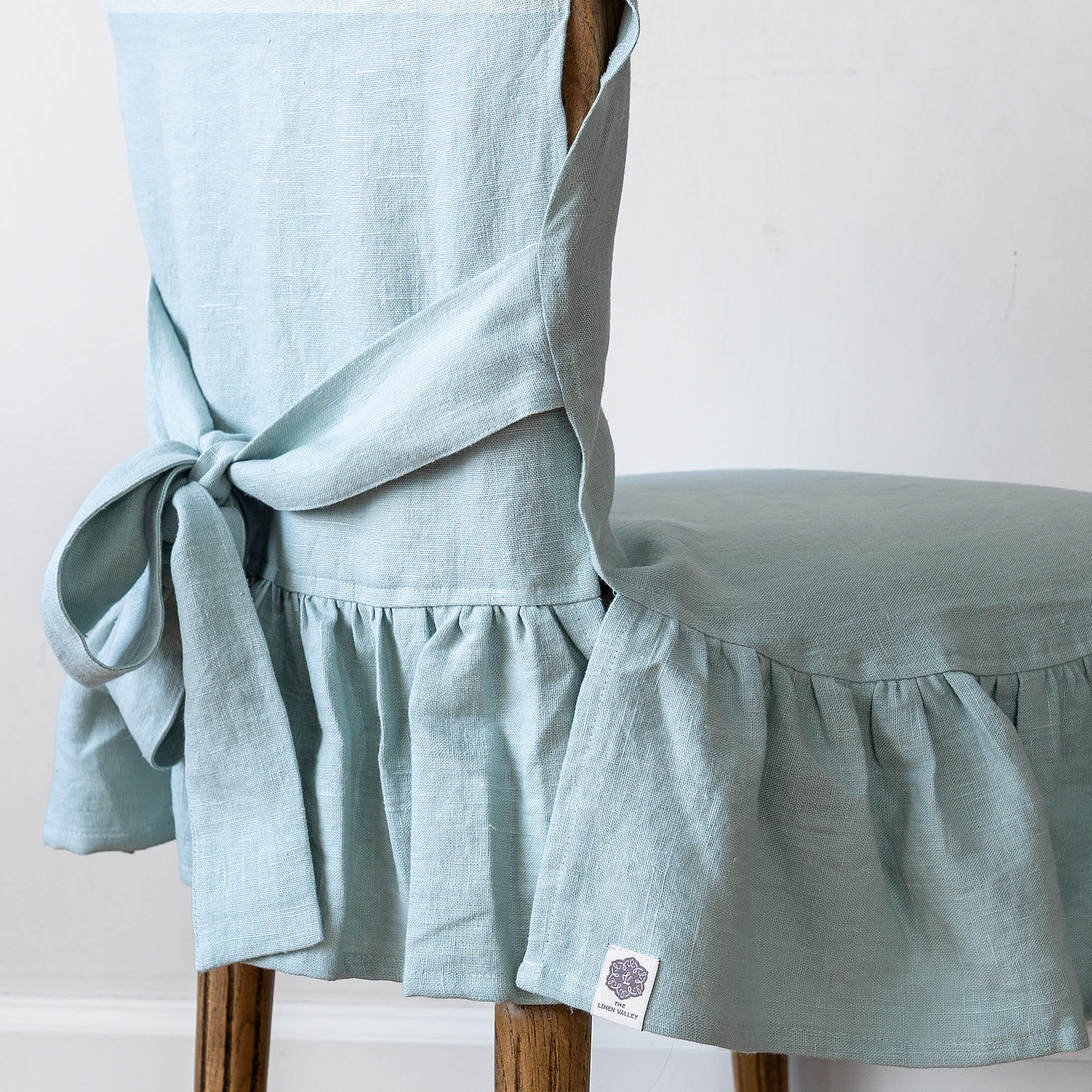 Duck egg blue linen ruffled full chair cover in heavyweight 260 g/m² European linen