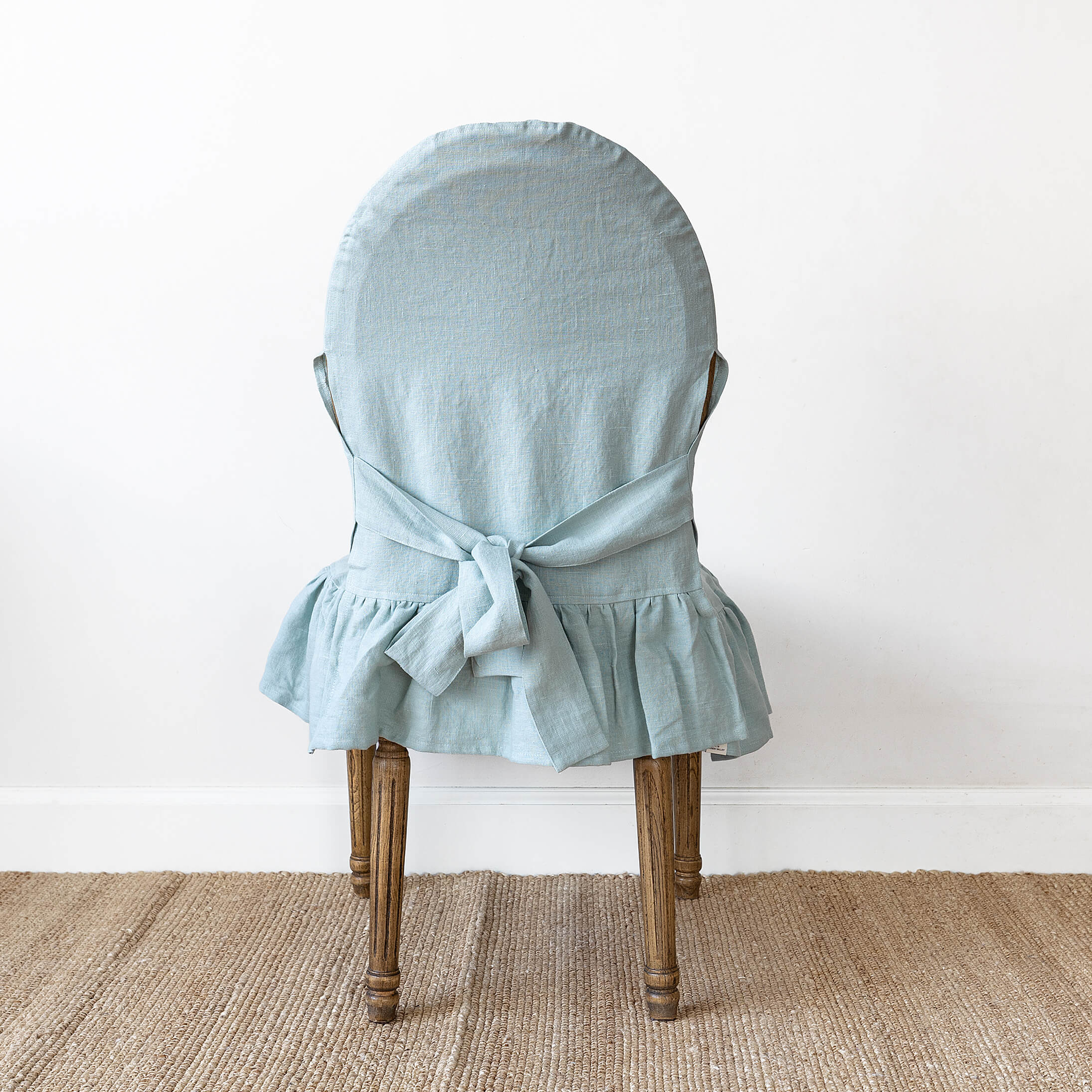 Duck egg blue linen ruffled full chair cover in heavyweight 260 g/m² European linen