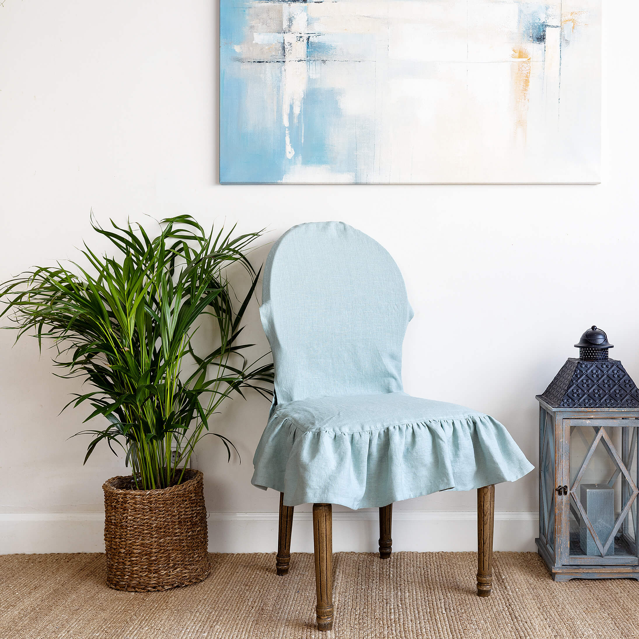 Duck egg blue linen ruffled full chair cover in heavyweight 260 g/m² European linen